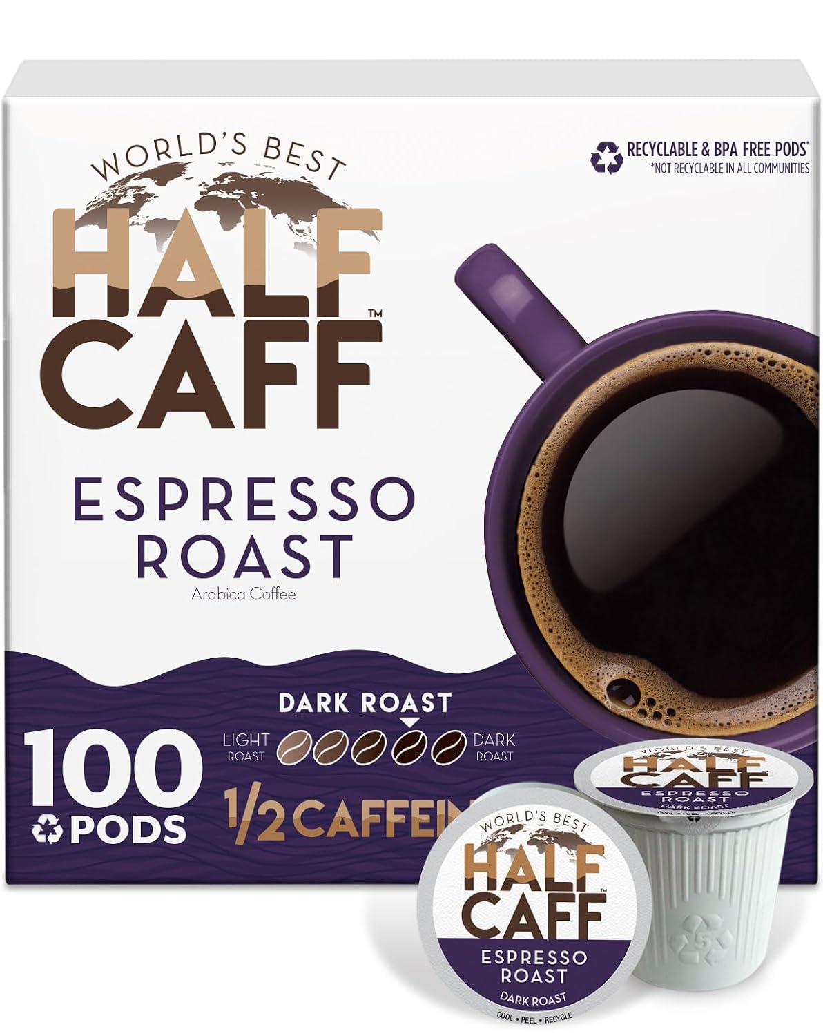 World's Best Half Caff Dark Roast Coffee Pods 100ct Keurig Compatible | 100% Arabica Coffee Single Serve Capsules & Pods Compatible with Keurig K-Cup Coffee Makers