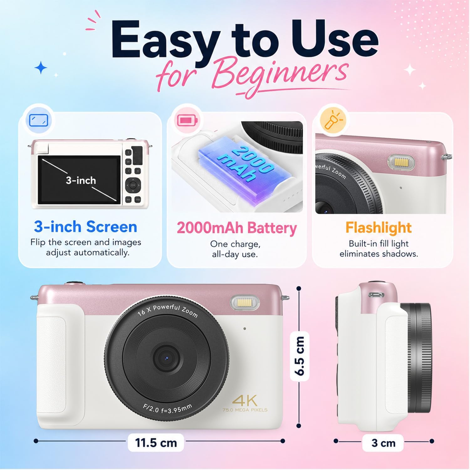 4K Digital Camera Vlogging Camera for Travel Point and Shoot | 75MP Photo Resolution, 4K 30FPS Video, 3-Inch Flip IPS Screen, 2500mAh Battery