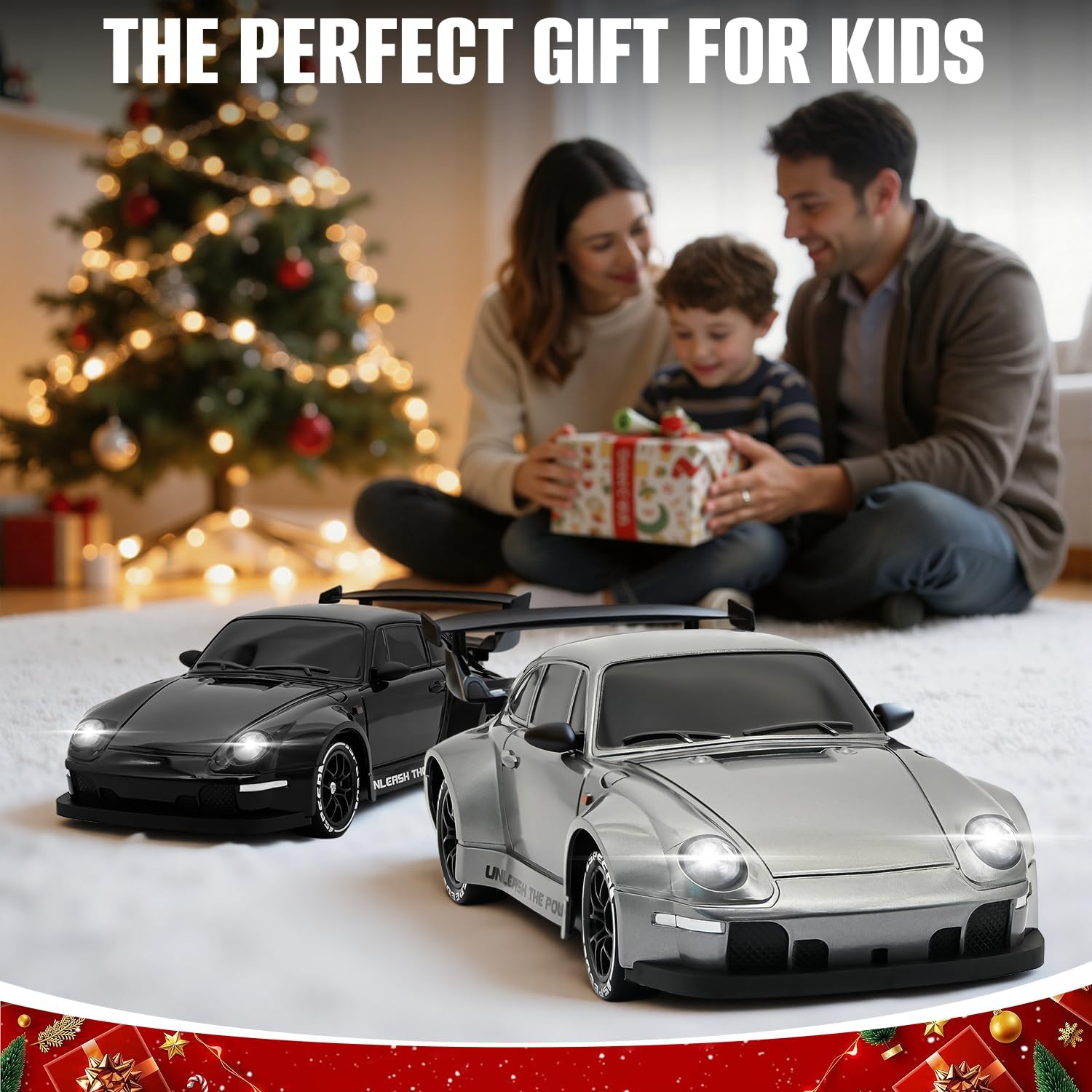 RC Drift Car,1:24 Scale Remote Control Car, 2.4GHz 20KM/H 4WD High Speed RC Cars for Kids with LED Light, Two Batteries,Drifting Tires,Racing Vehicle Toy for Adults Boys Girls Gray