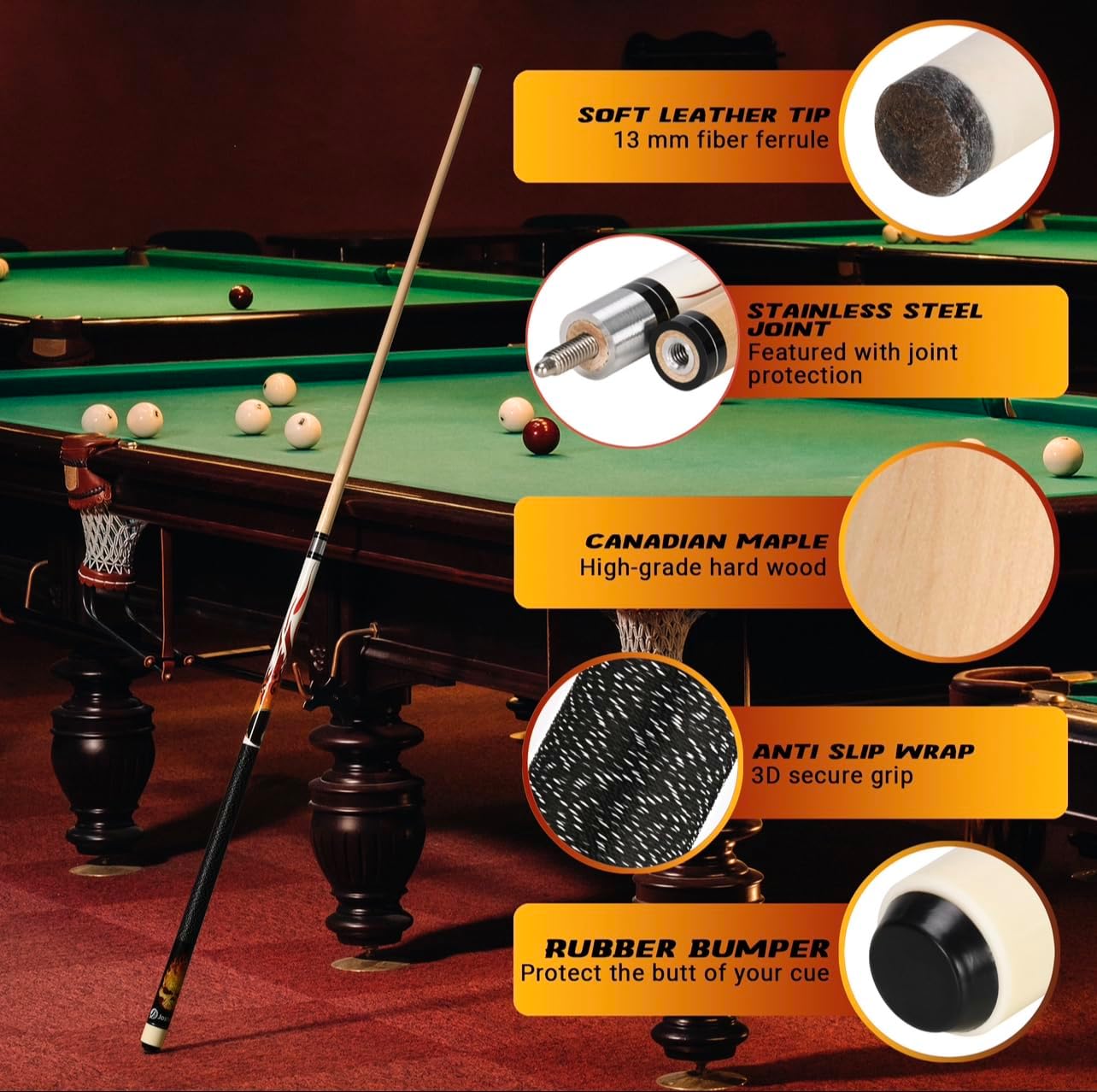 Joshmar Pool Cue Stick 58" – 2-Piece Canadian Maple Billiard Cue 19oz, 13mm Tip, Includes Hard Case, Glove & Chalk – Complete Set for Beginners