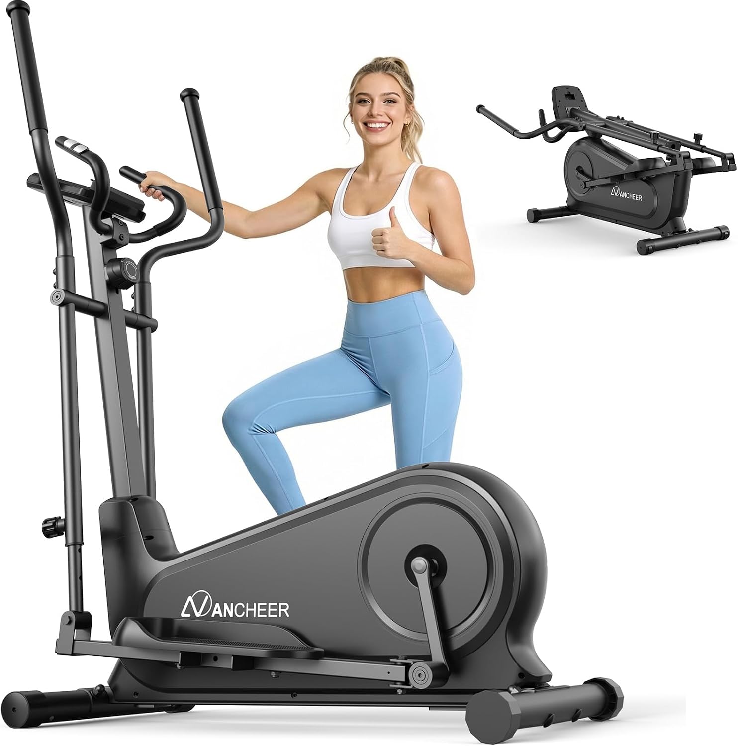 ANCHEER Elliptical Exercise Machine for Home, Foldable Magnetic Elliptical Trainer with 16" Stride, 16 Resistance Levels, Adjustable Pedals, LCD Monitor & Pulse Sensor, 550 LBS Weight Capacity
