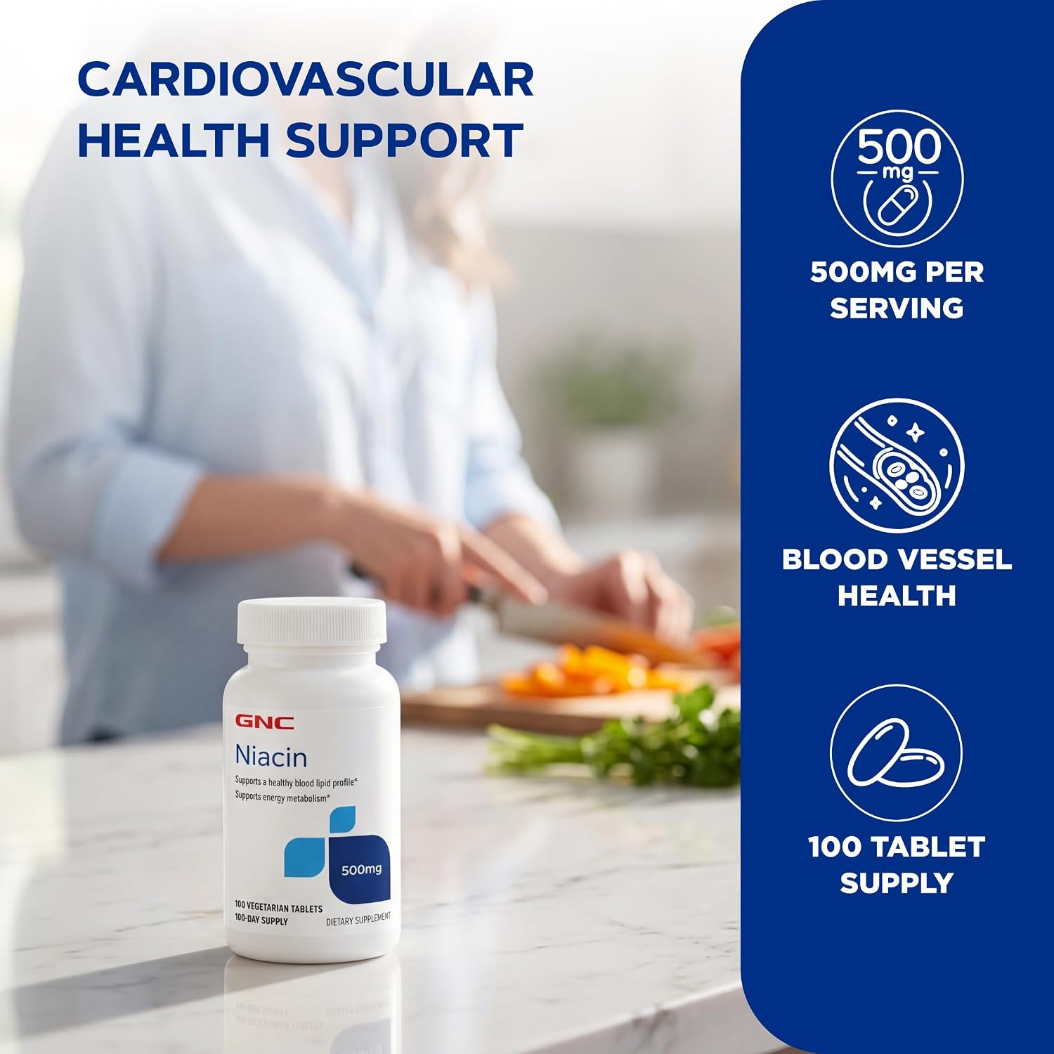 GNC Niacin 500mg Supplement, Supports Blood Vessel Health, 100 Tablets