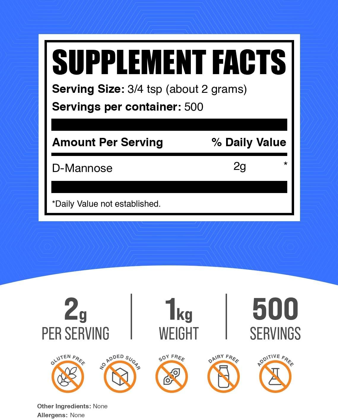 BulkSupplements.com D-Mannose Powder - D-Mannose Supplement, for Urinary Tract Health - Unflavored & Gluten Free, 2g per Serving, 500g (1.1 lbs) (Pack of 1)