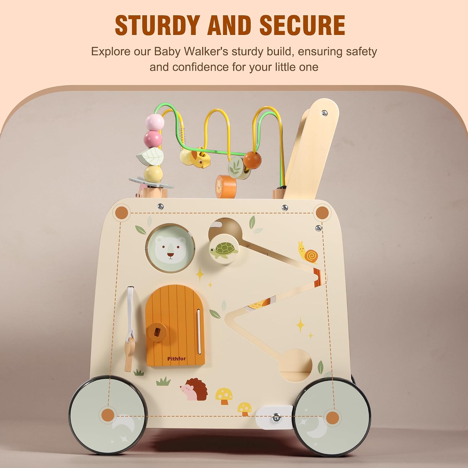 Pithfor Wooden Activity Cube Push Walker, Wooden Baby Walker, Montessori Push Toys for Babies Learning to Walk & Sit-to-Stand