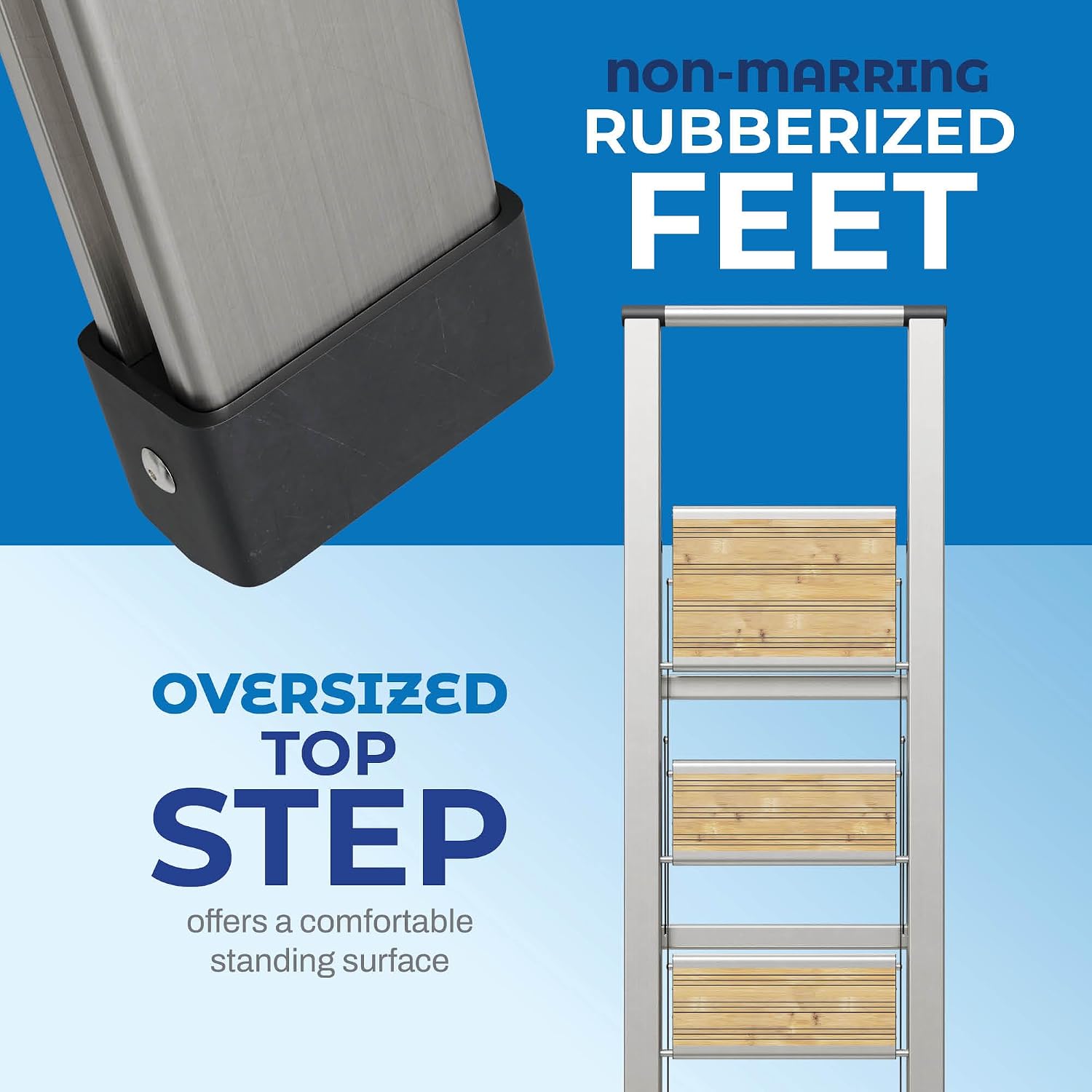 Step Ladder 2 Step Folding, Decorative - Beautiful Bamboo & Silver Aluminum, Ultra Slim Profile, Anti Slip Steps, Sturdy-Portable for Home, Office