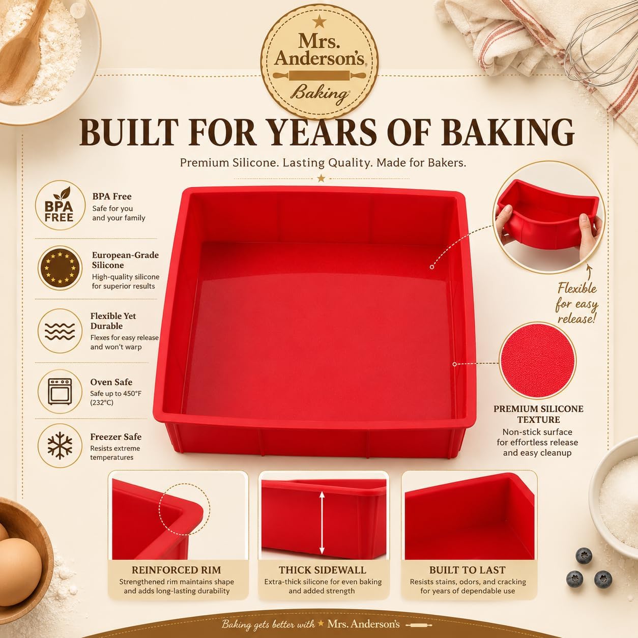Mrs. Anderson's Baking Silicone Loaf Bread Pan, Non-Stick European-Grade Silicone