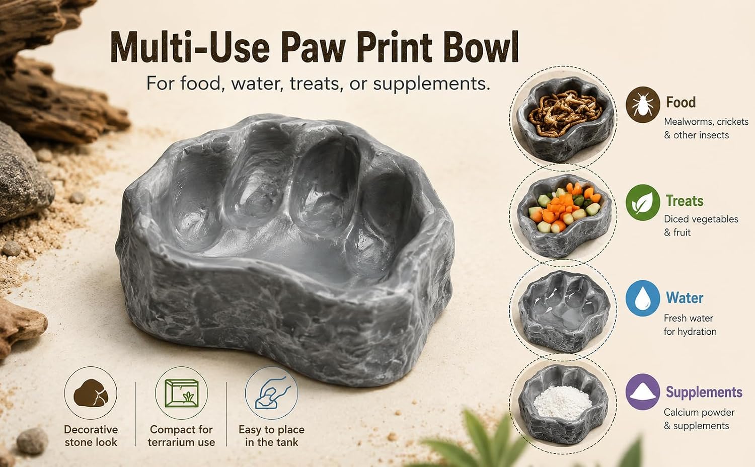 Reptile Tank Accessories Set, Dinosaur Skull Decor with Footprint Reptile Bowl and Artificial Plant, Bearded Dragon Tank Accessories