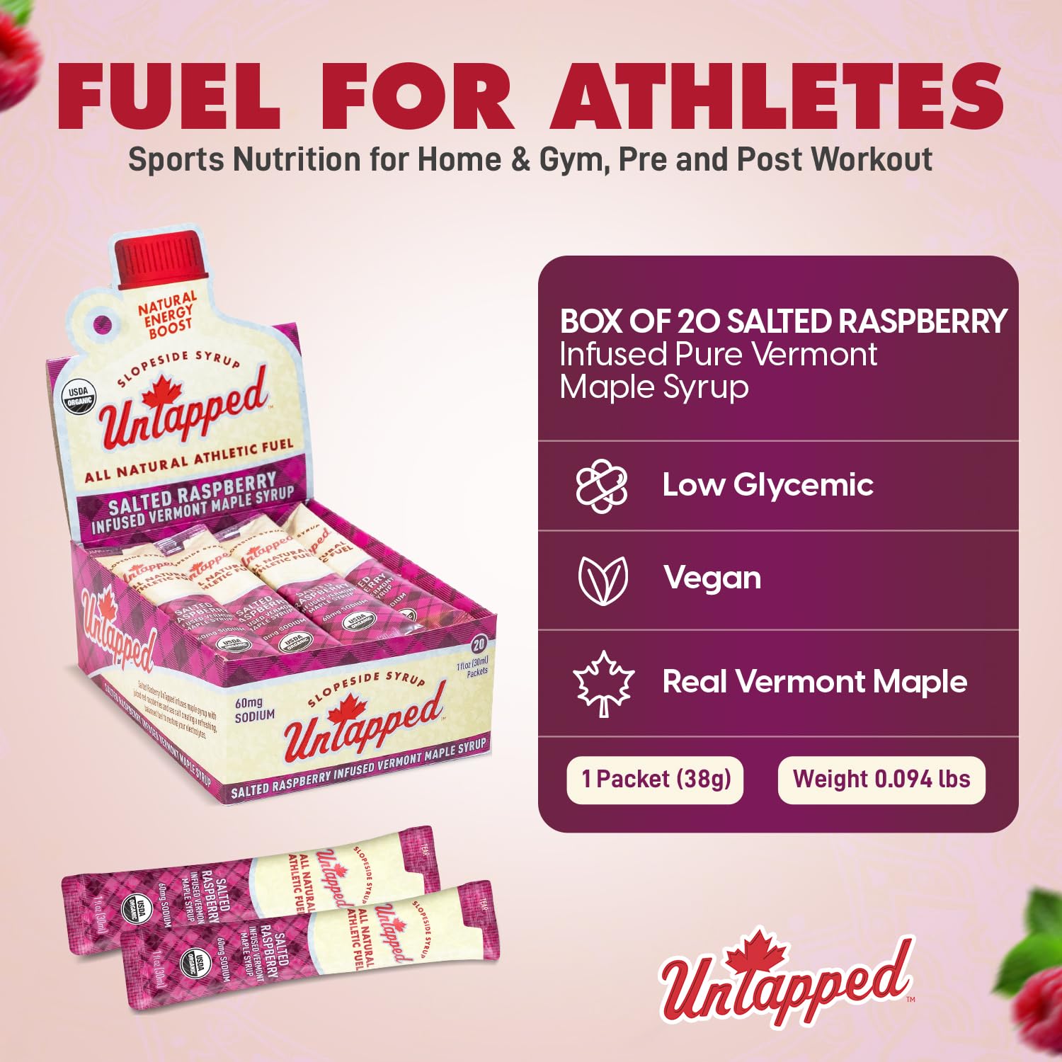 UnTapped Vermont Maple Syrup Packets for Athletes, Box of 20-0.96 Fl Oz | Organic Pure Maple Syrup for Natural Endurance Energy | Fuel to Keep You Running Longer