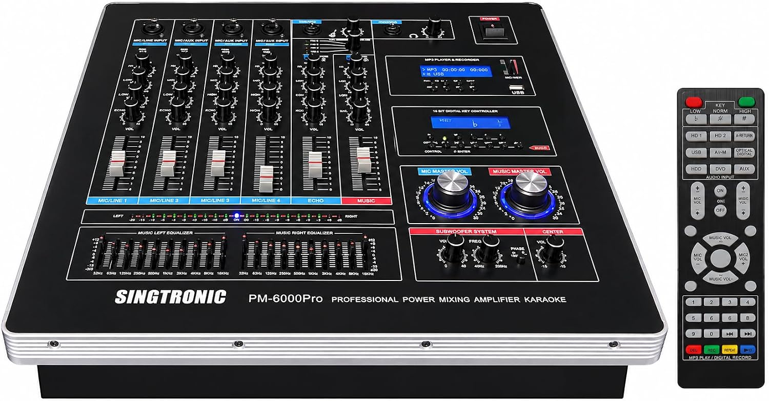 Singtronic PM-6000Pro Professional KJ/DJ 6000W Digital Console Mixing Board Karaoke Ampliffier Built in HDMI-Arc, Optical, Bluetooth, Aux