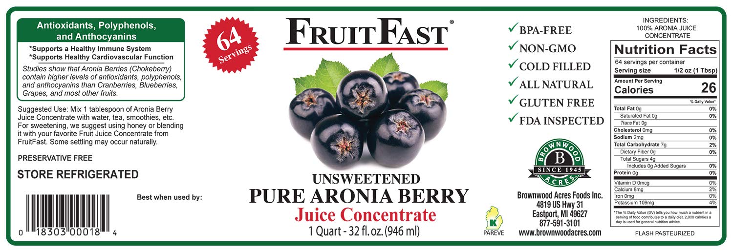 Aronia Berry (Chokeberry) Juice Concentrate (32 Fl Oz.) by FruitFast - Unsweetened Pure 65 Brix Choke Berry Concentrate - 64 Servings (32 Ounce)