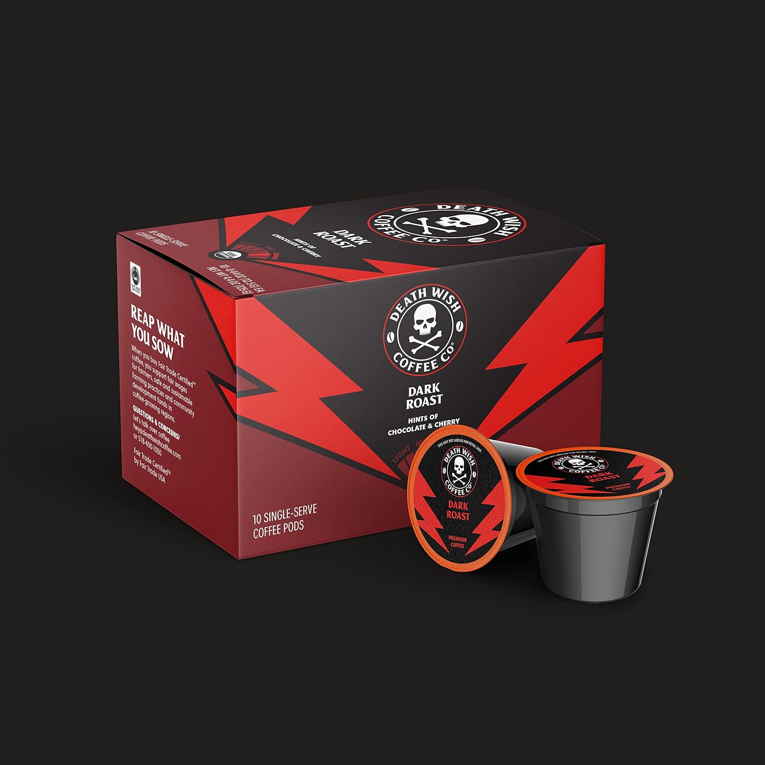 Death Wish Coffee Dark Roast Single Serve Coffee Pods, Organic, 50 Count | Fair Trade Arabica & Robusta, Baker's Chocolate & Cherry Notes, Low Acidity, Heavy Smooth Body, Bold & Intense