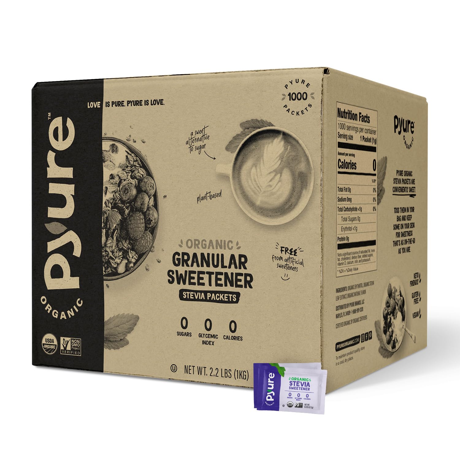 Pyure Organic Stevia Packets | Zero Calorie Sweetener For Coffee, 40 Count | Zero calorie organic stevia packets for coffee, tea, baking, keto, paleo, diabetic diets, lunchboxes, travel, and office