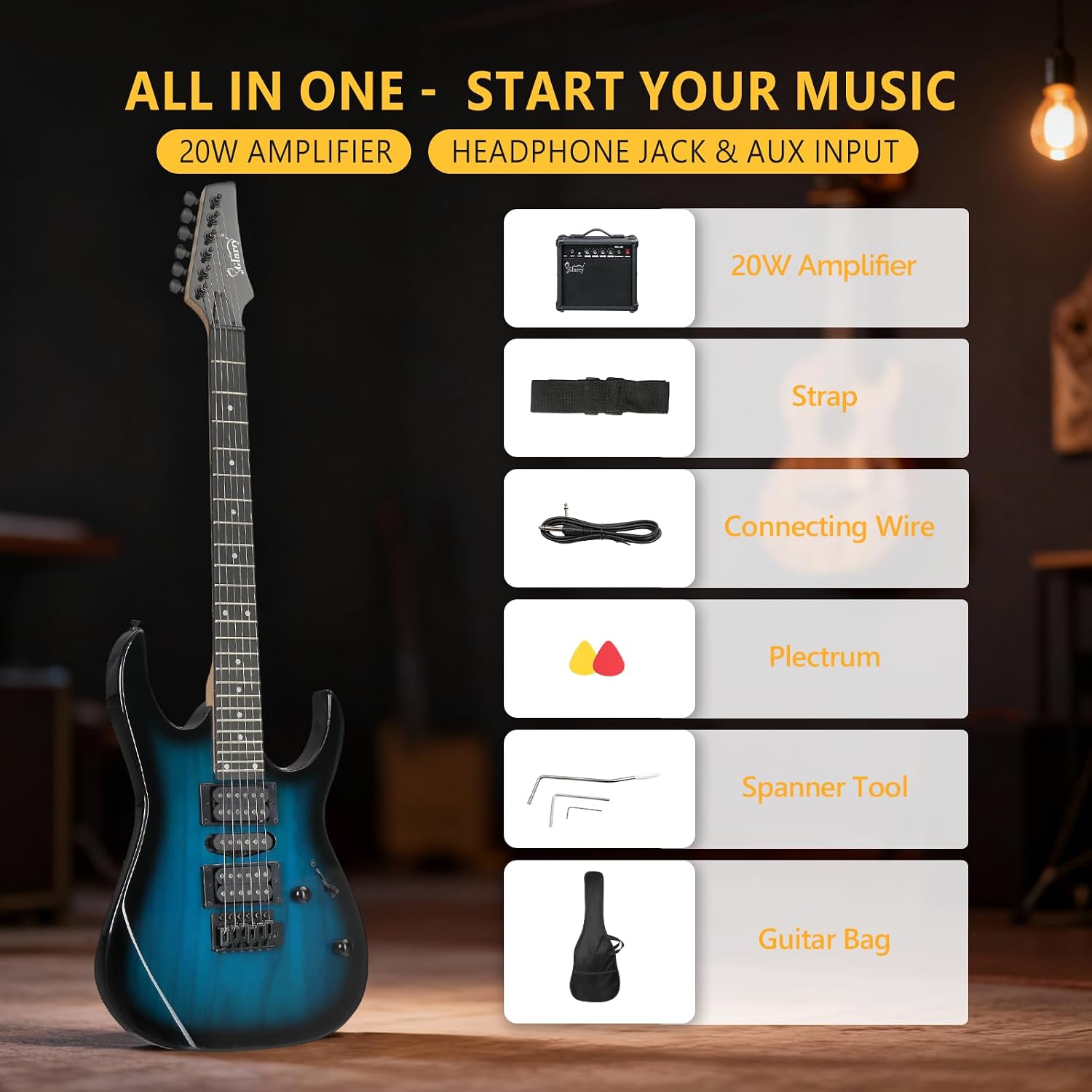 GLARRY 39" Full Size Electric Guitar Kit for Beginners, Starter Electric Guitar Set with 20W Amp & HSH Pickups, Model 170 (Black-White)