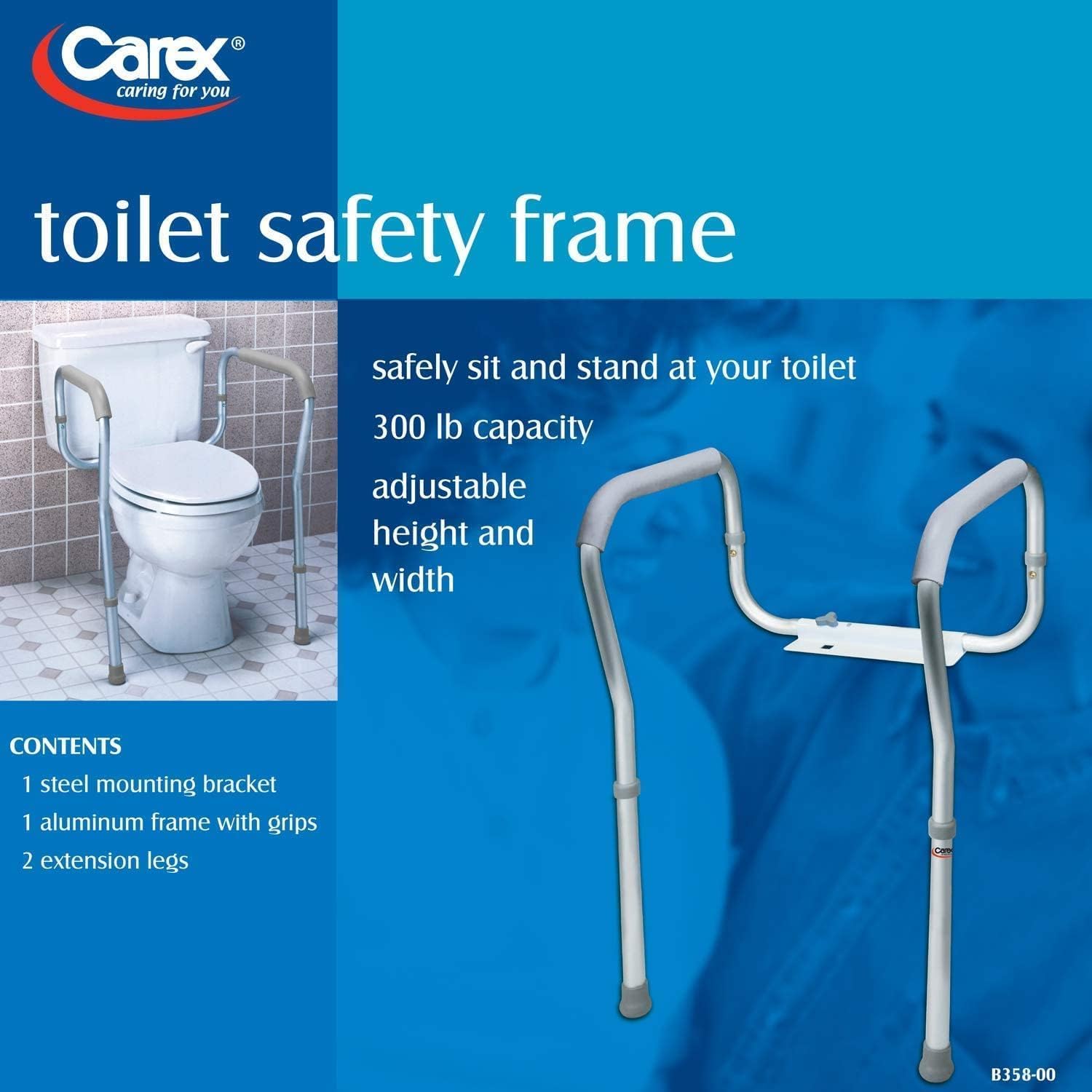 Carex Toilet Safety Rails, Adjustable and Detachable Toilet Safety Frame with Handles for Elderly, Handicap, or Disabled