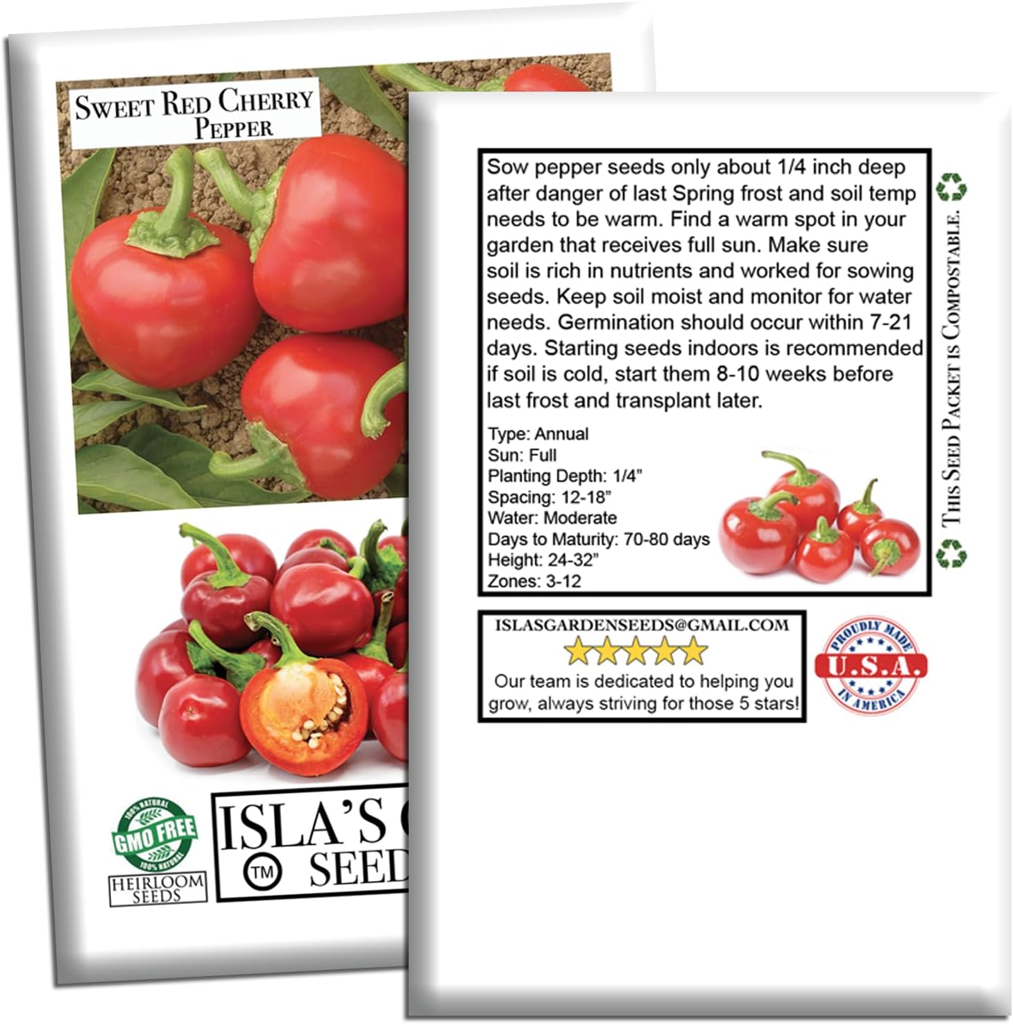 Sweet Red Cherry Pepper Seeds (Capsicum annuum) – 25+ Non GMO & Heirloom Seeds by Isla’s Garden Seeds, Compact Round Peppers for Stuffing