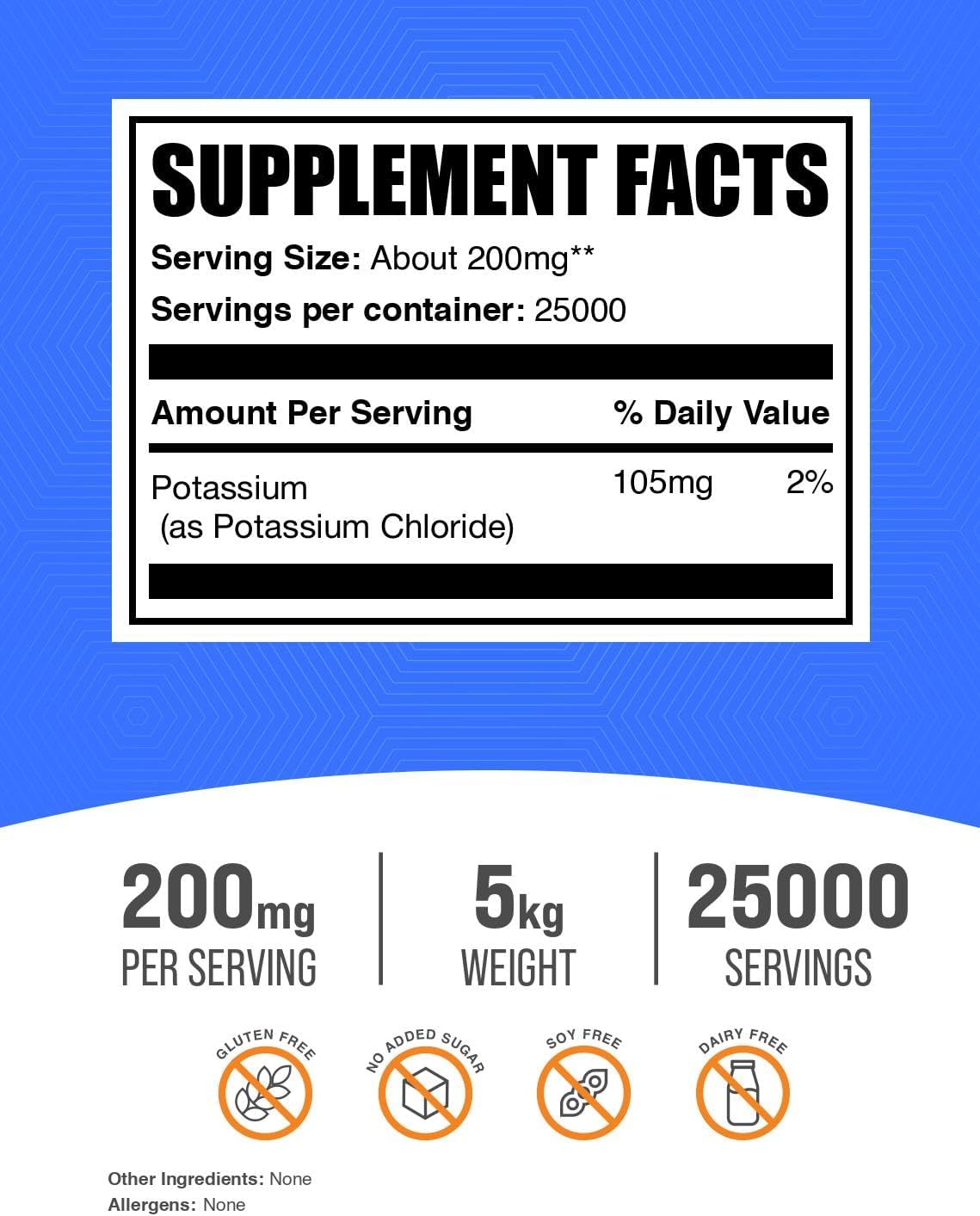 BulkSupplements.com Potassium Chloride Powder - Salt Substitute, Potassium Salt - Gluten Free, 200mg per Serving, 1kg (2.2 lbs) (Pack of 1)