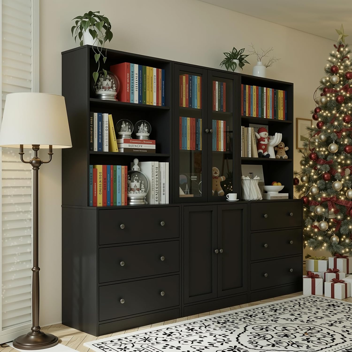 TUSY 71" H Bookcase with Storage | 6-Tier Modern Bookshelf with Drawers, Display Bookcase with Glass Doors, White Curio Cabinet for Home Office, Living Room