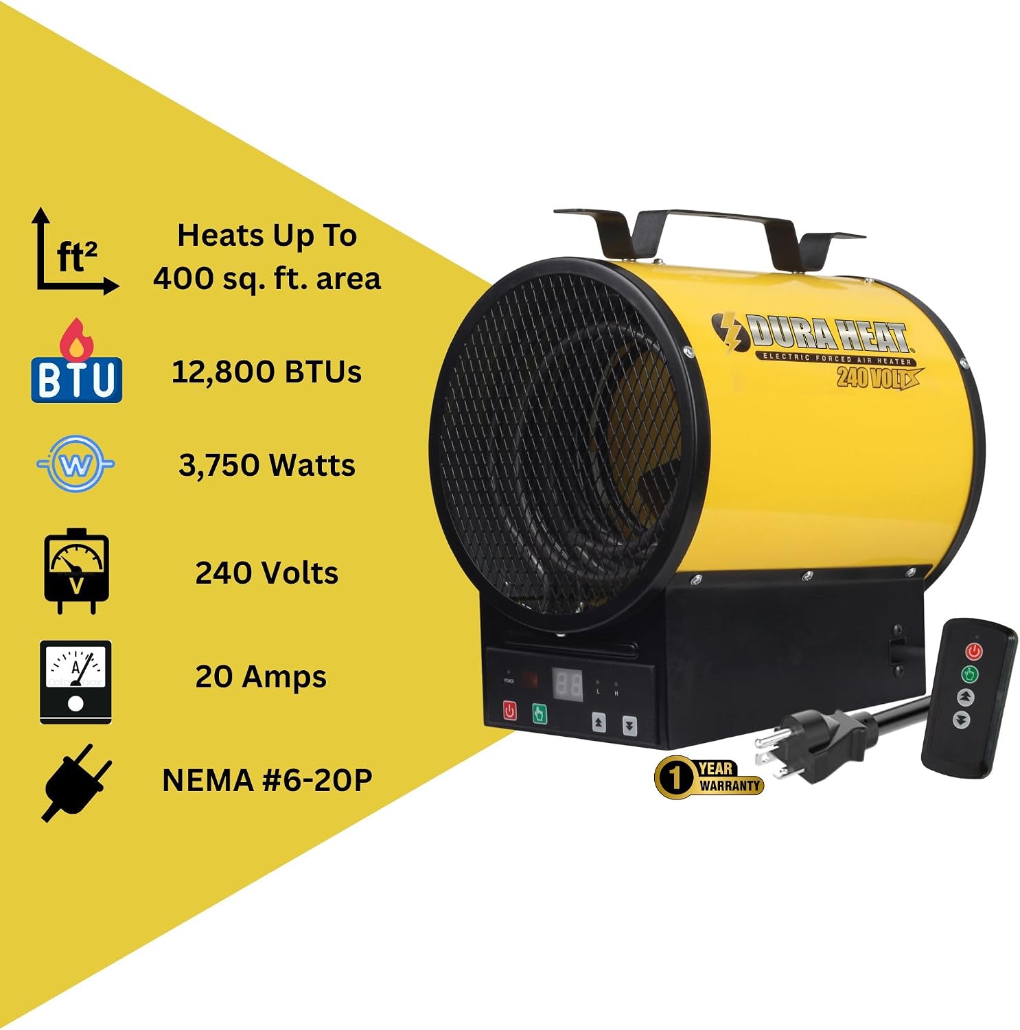 Dura Heat EUH4000R Electric Forced Air Heater with Remote Control 12, 800 Btu | 6-20P Plug, Electric Industrial Garage Heater, Workshop