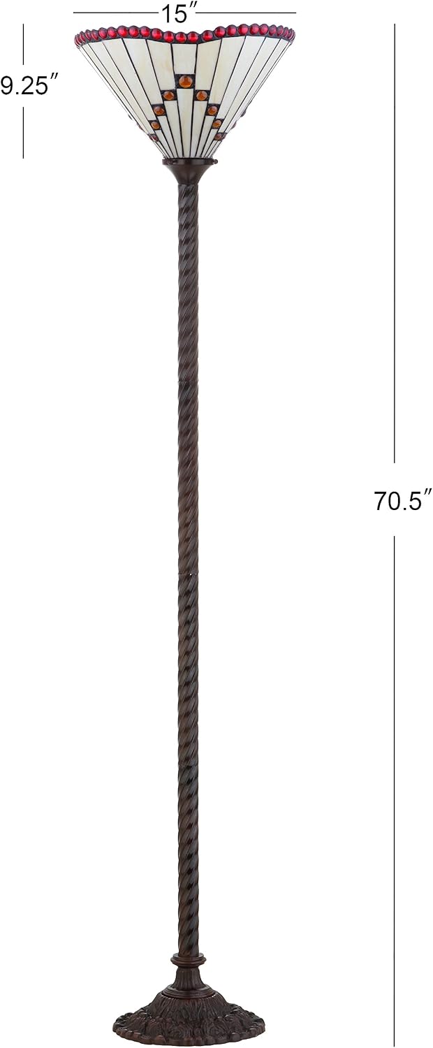 JONATHAN Y Smith 70.5" Tiffany-Style Torchiere Floor Lamp, Bronze | Handcrafted Multicolor Stained Glass Shade, Barley-Twist Metal Base, Foot Switch