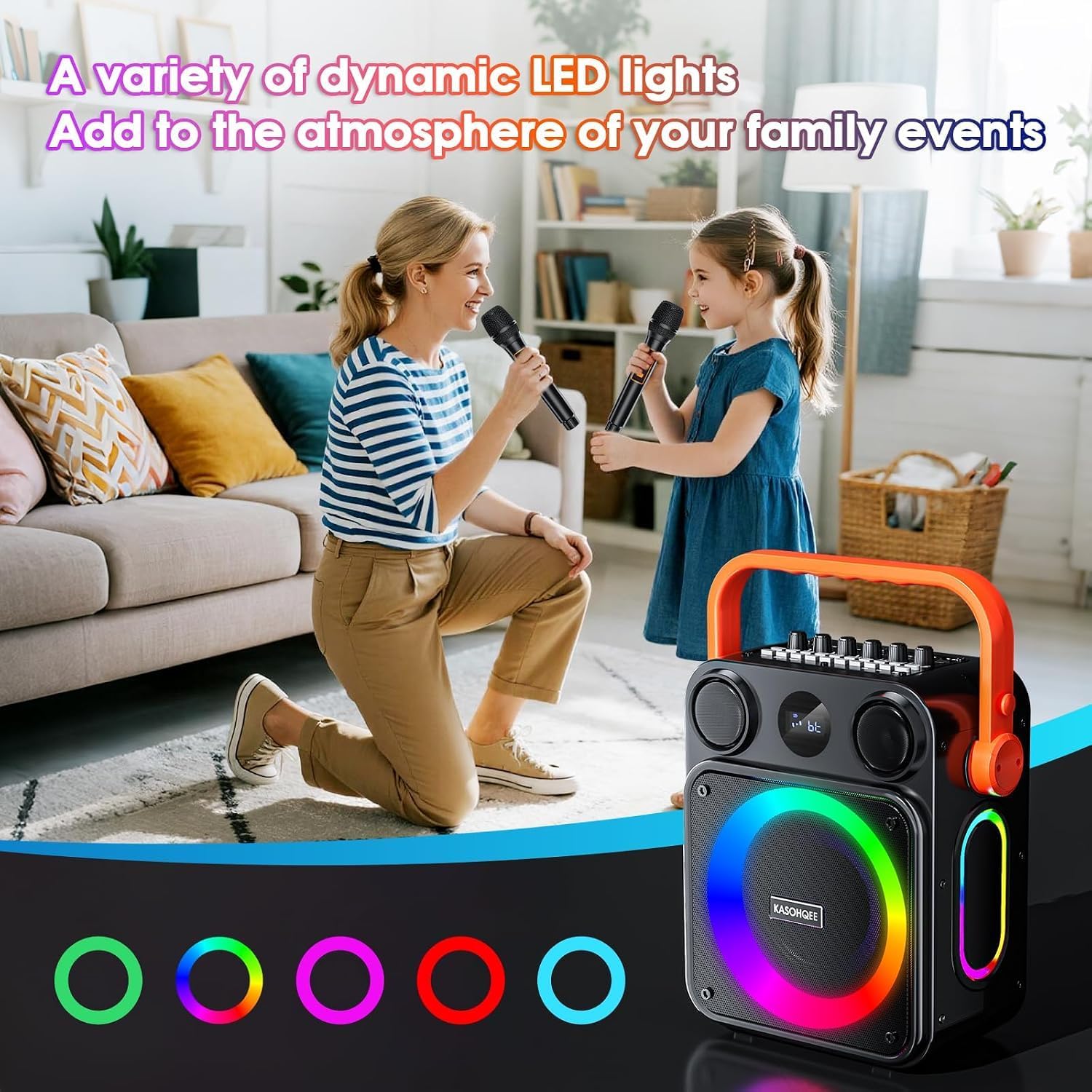 Karaoke Machine with 2 Wireless Microphones for Adults & Kids, 8000mAh Portable Bluetooth Speaker PA System with Lights, Supports AUX in/TF Card/FM/REC, Microphone Speaker Set for Home Party, Outdoor