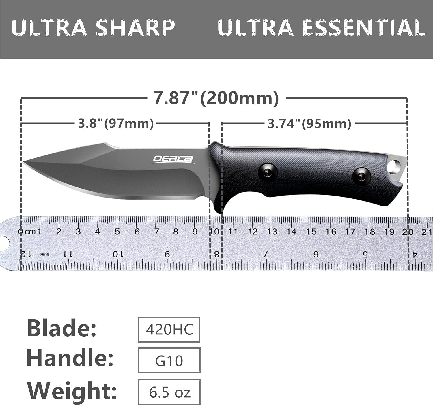 OERLA Fixed Blade Knife, Full Tang 420HC Stainless Steel Camping Knife, Outdoor EDC Hunting Survival Utility Knife with G10 Handle and Kydex Sheath