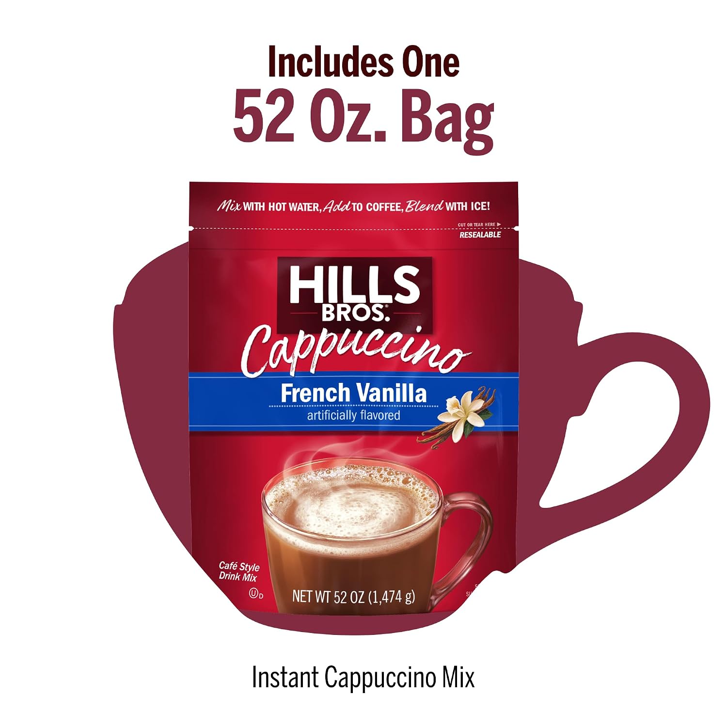 Hills Bros. Cappuccino Mix – Rich, Frothy Coffeehouse-Tasting Instant Drink Mix – Quick and Easy Preparation – Perfect for Hot & Iced Drinks & Creaming Coffee – Double Mocha, 1 Pack of 16oz