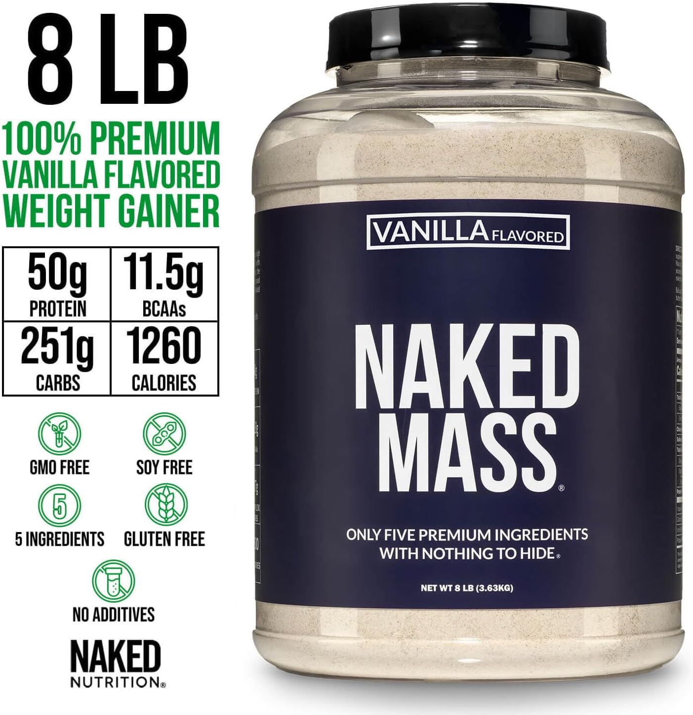 NAKED Mass - Natural Weight Gainer Protein Powder - 8 LB Bulk, NSF Certified, GMO Free, Gluten Free & Soy Free. No Artificial Ingredients - 1,250 Calories per Serving