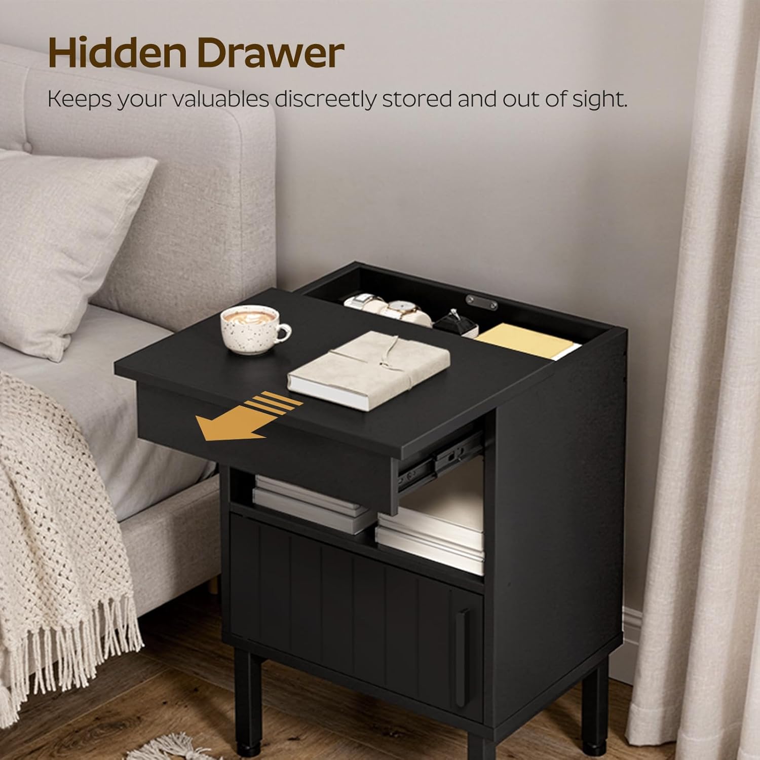 Small Nightstand with Gun Drawer, Bedside Table with Hidden Compartment, End Table with Storage, Night Stand for Bedroom, Office, Black ET22BB