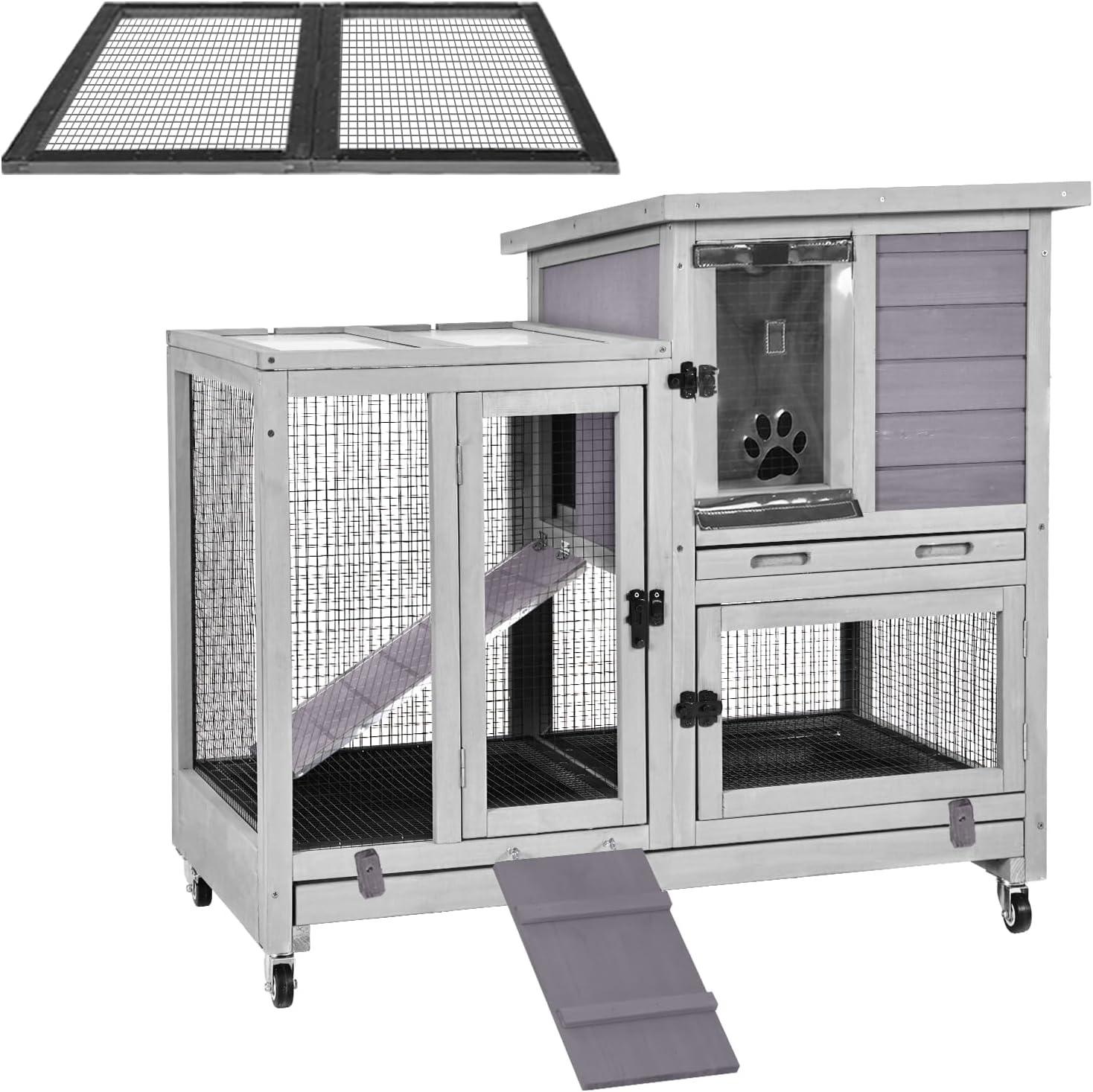 Indoor Rabbit Bunny Hutch Outdoor, Guinea Pig Cages with Removable Bottom Wire Netting - Easy Clean