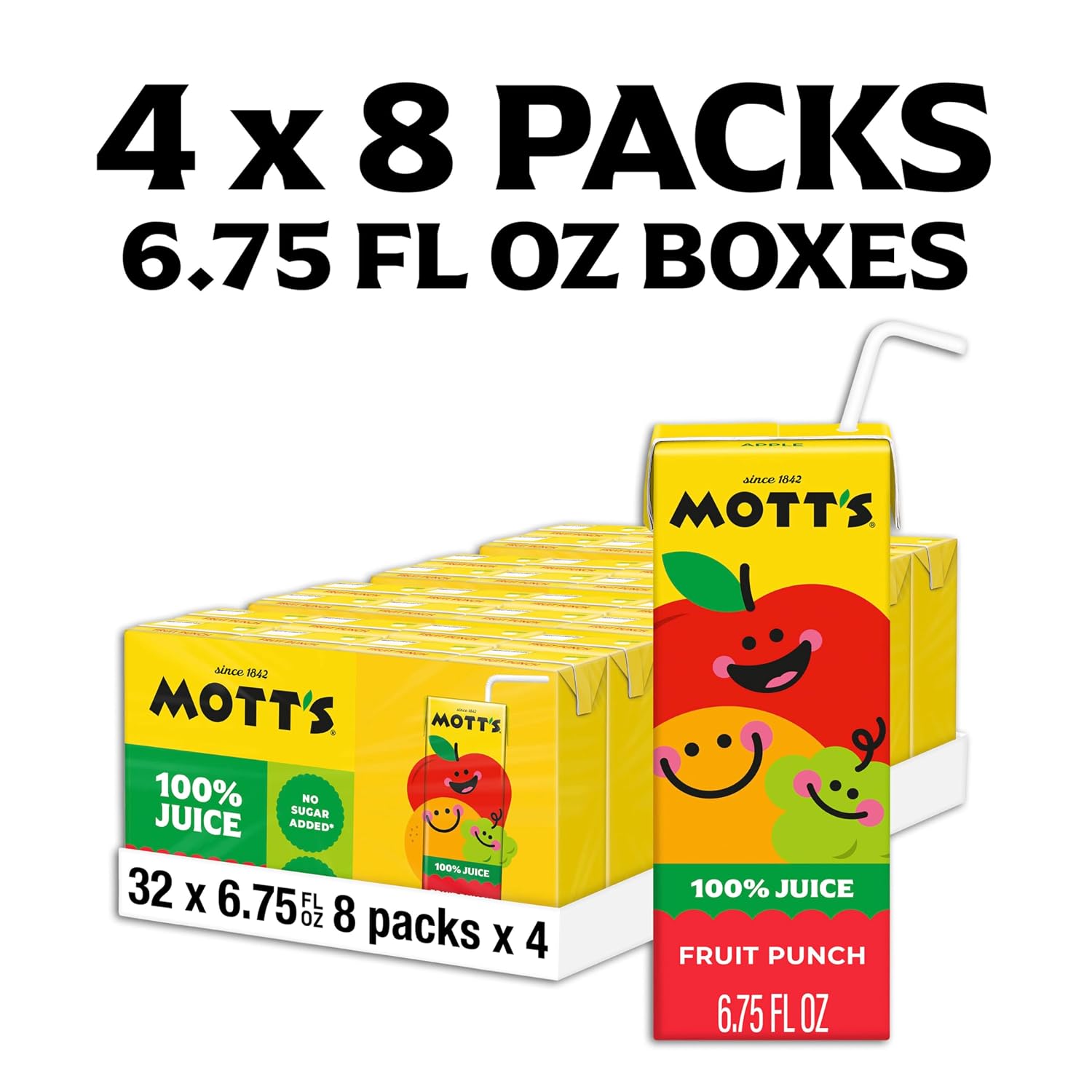 Mott's 100% Original Apple Juice, 6.75 Fl Oz Boxes, 32 Count (4 Packs Of 8), 2 Servings Of Fruit, 100% Fruit Juice, Gluten-free, Caffeine-free, Kosher, Contains No Artificial Colors Or Sweeteners