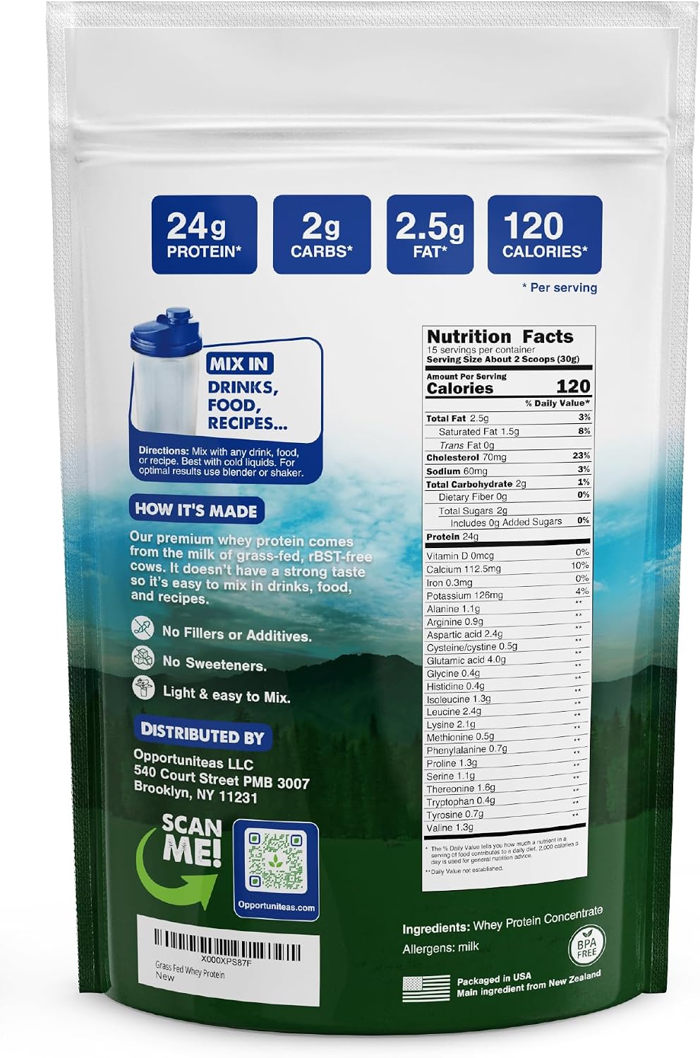 Grass Fed Whey Protein Powder Concentrate - 1 Ingredient - Pure Protein Supplement for Drink, Smoothie, Shake, Cooking & Baking - Non GMO, Hormone Free & Gluten Free - 1 Pound