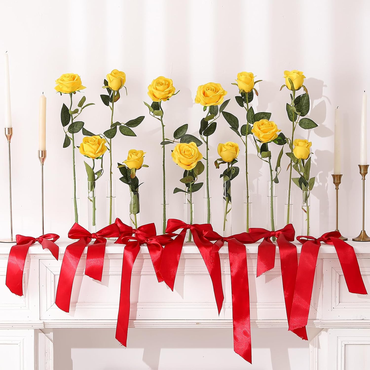 Hawesome 12PCS Artificial Silk Flowers Realistic Roses Bouquet Long Stem for Home Wedding Decoration Party (Yellow, 6 Flowers 6 Buds)