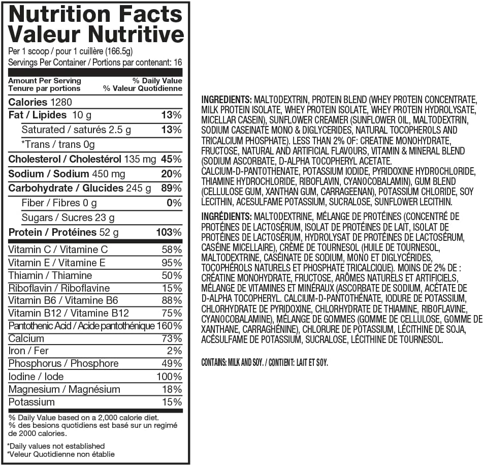 Dymatize Super Mass Gainer Protein Powder, Gourmet Vanilla, 52g Protein, 1g Creatine, 1280 Calories, 10.7g BCAAs, 245g Carbs, Contains Whey Protein Powder, Isolate, and Casein (8 Servings)
