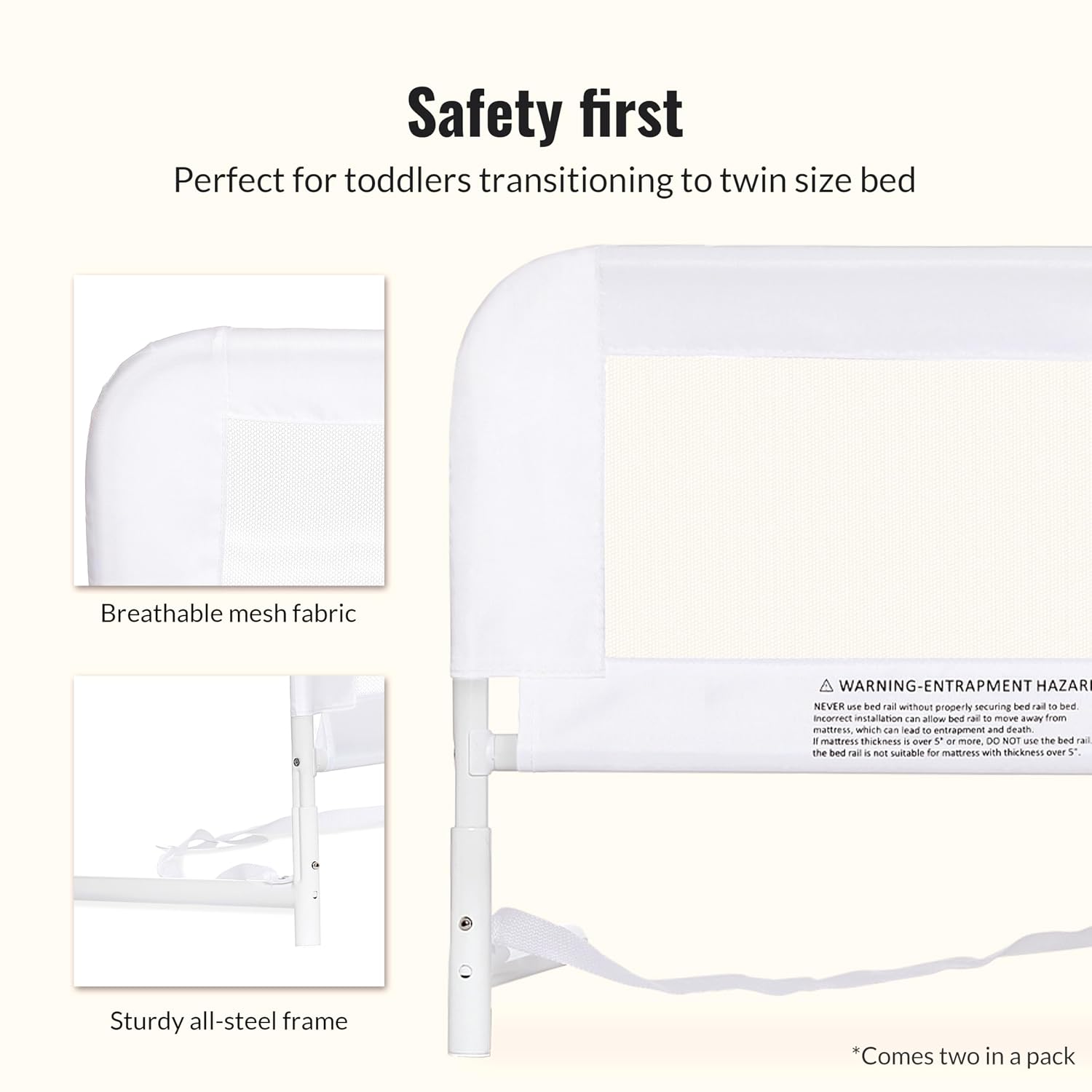 Dream On Me Lightweight Mesh Security Adjustable Bed Rail Double Pack with Breathable Mesh Fabric in White, 2 Count (Pack of 1)