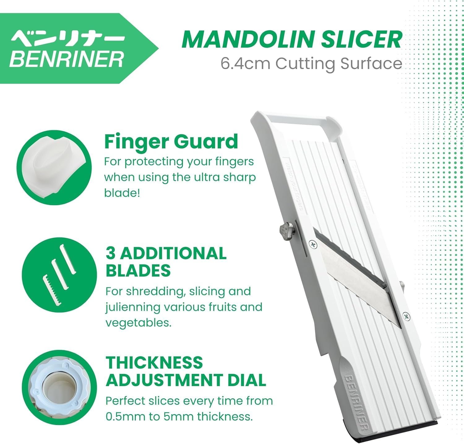 Benriner Mandoline Slicer with 4 Blades, Japanese Stainless Steel, BPA Free, 12.75 x 3.625-Inches, Beige