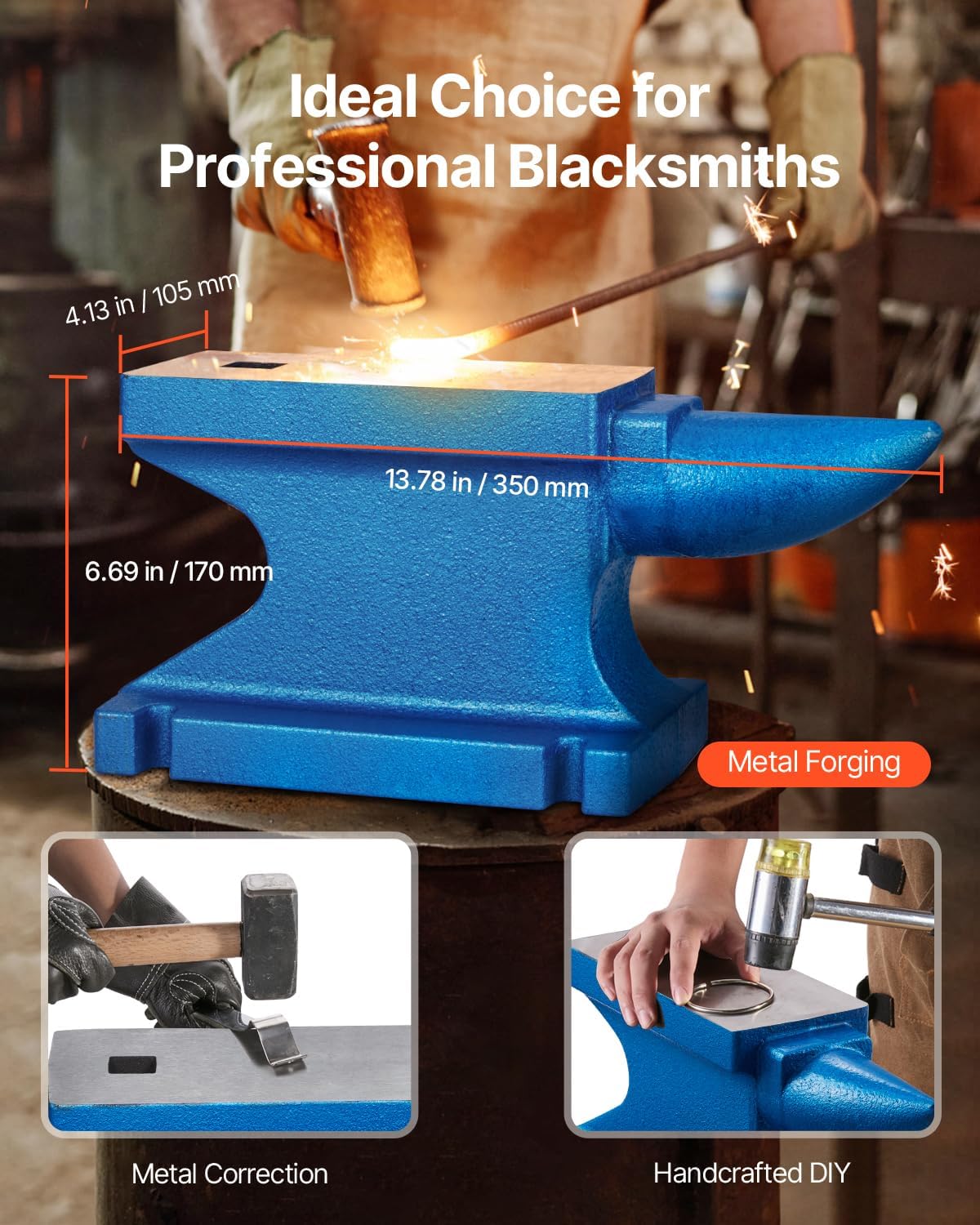 VEVOR Blacksmith Anvil 55 lbs (25 kg) Single Piece of Iron with Square Holes Ideal for Metalurgical and Blacksmiths in Metal Workshop and for