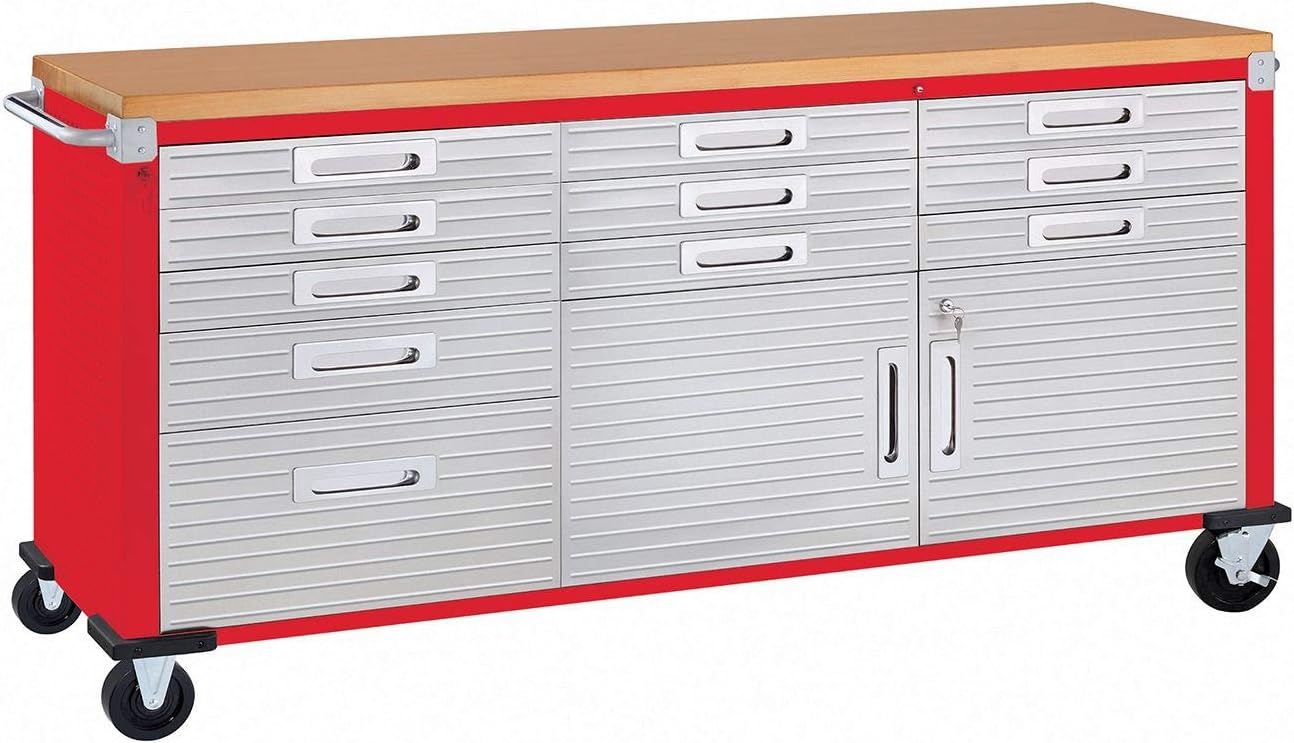 Seville Classics UltraHD Heavy Duty Rolling Cabinet Workbench Table w/Solid Wood Top, Workstation for Garage, Warehouse, Office, Workshop, 77" W x 20" D x 37.5" H, Graphite, 11-Drawer