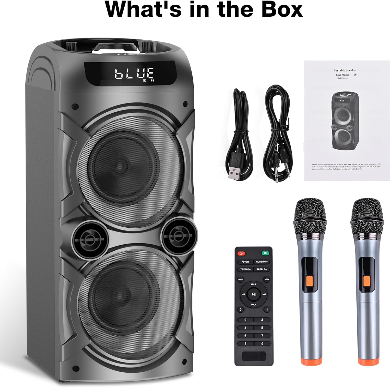 Karaoke Machine with 2 Wireless Microphones, Portable PA System Big Bluetooth Speaker with LED Lights, Remote Control Support Bass/Treble Adjustment