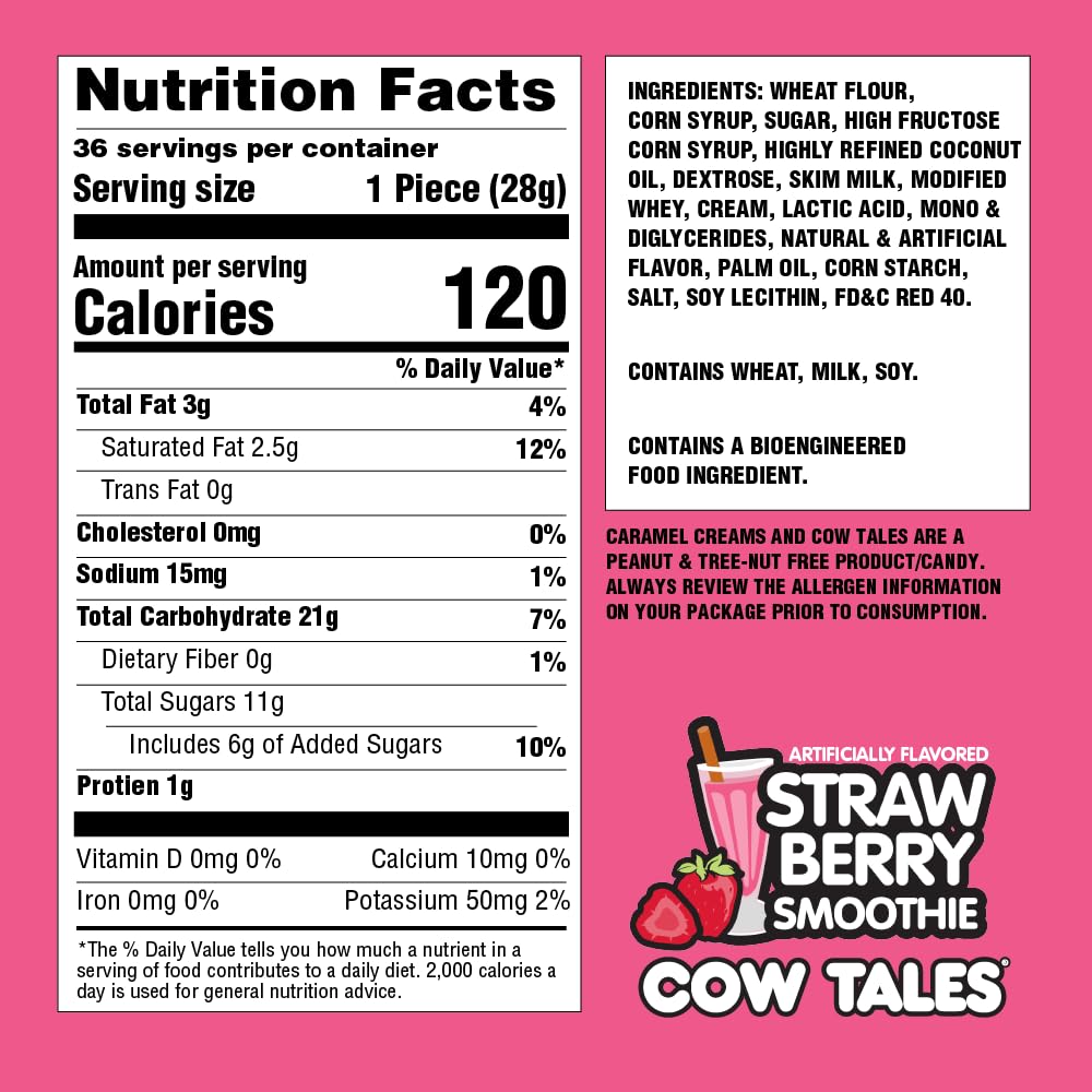 Goetze's Candy Strawberry Smoothie Cow Tales - 2.25 Pound Canister (36 Ounces) - Fresh from the Factory