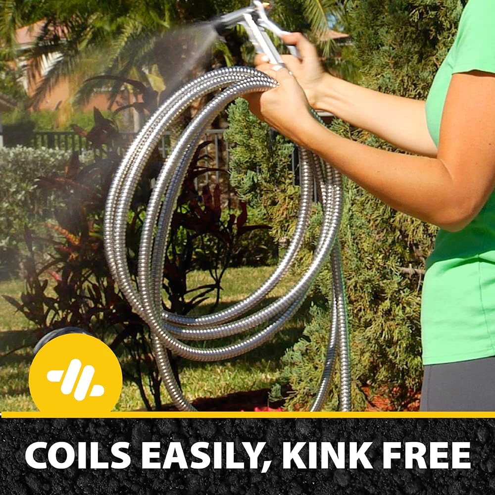 BIONIC STEEL 50 Ft Metal Garden Hose with Sprayer Nozzle | Non Kinking Design, Stainless Steel Heavy Duty Water Hose 50Ft x 5/8 in. Flexible & NON Expandable for Water Flow, 500 PSI