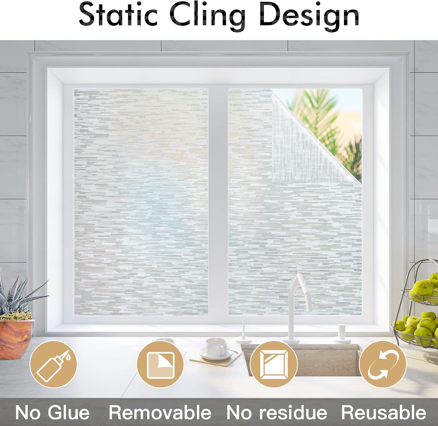 Haton Window Privacy Film, Frosted Stripe Non-Adhesive, 17.5" x 78.7"