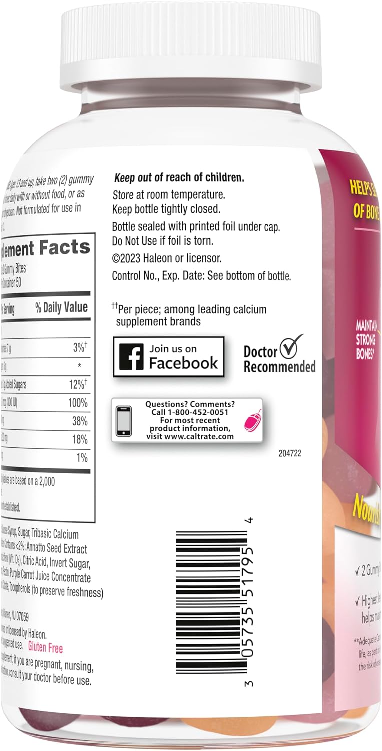 Caltrate Gummy Bites 600 Plus D3 Vitamin D and Calcium Supplement, 50 Count | Highest Level of Vitamin D3, Maximizes Calcium Absorption to Support Strong Bones and Daily Function