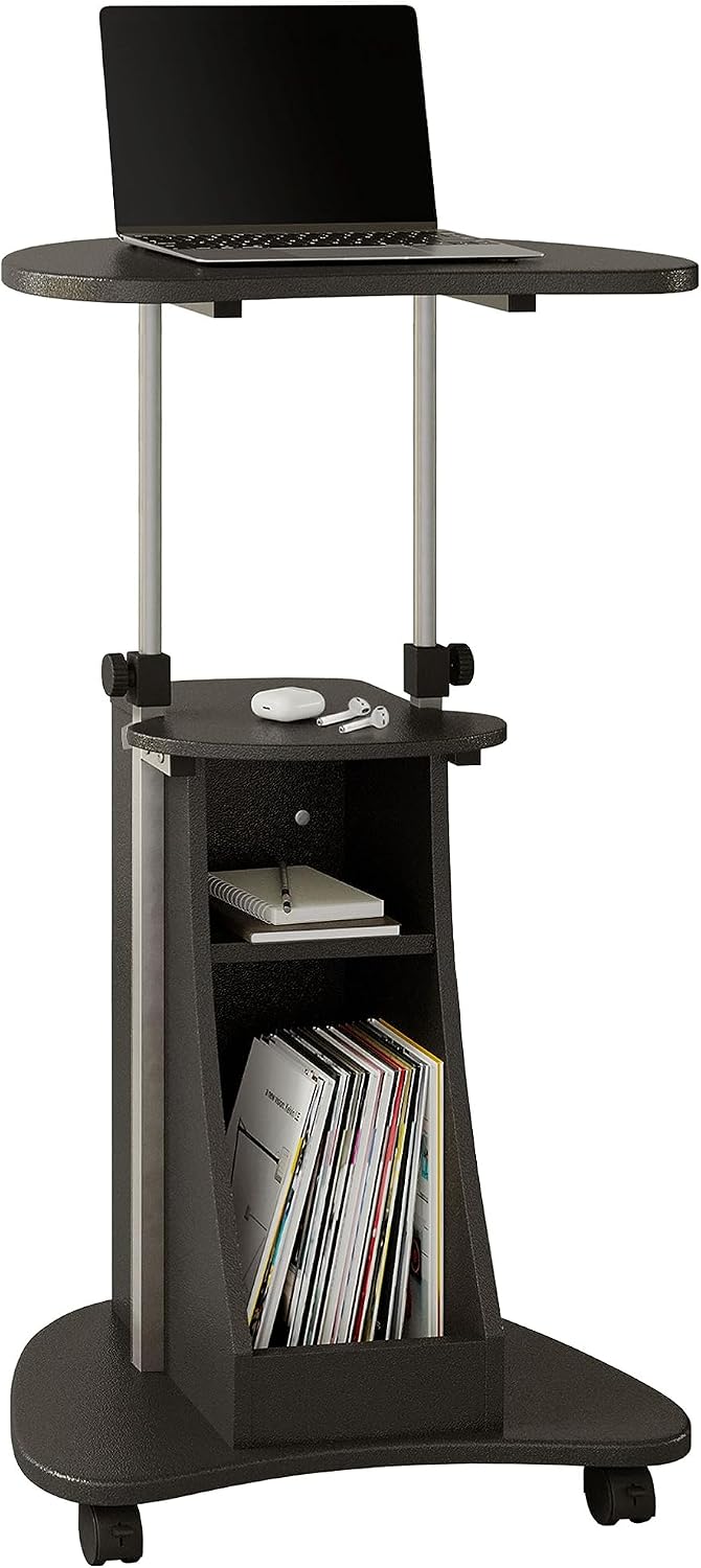 Techni Mobili Adjustable Height Rolling Laptop Cart with Storage, Graphite | Adjustable height rolling laptop cart with storage drawer, open shelf, wheels, sit‑stand design for office or medical use