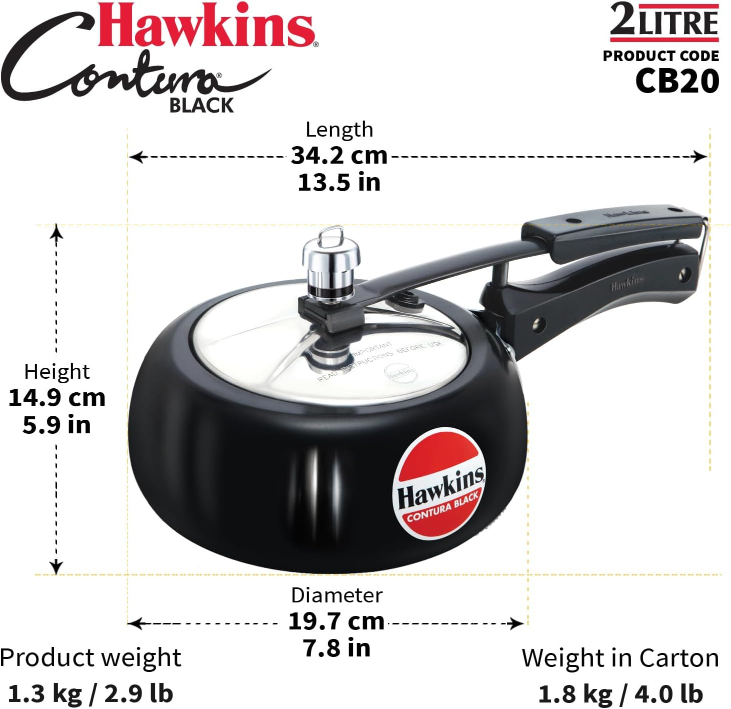Hawkins 3.5 Litre Contura Black Pressure Cooker, Hard Anodised Inner Lid Cooker, Handi Cooker, Black (CB35)