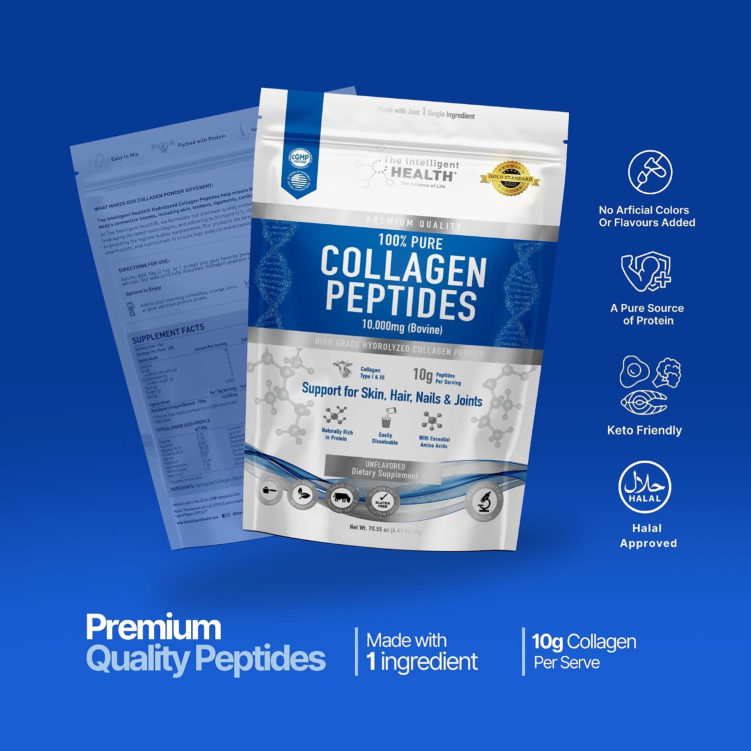 Collagen Peptides Powder, Hydrolyzed Collagen, Type I & III, 45 Servings | Grass Fed, Unflavored, Gluten Free, Keto/Paleo, Skin Support, Hair, Nail, Joints, 10g Servings, 15.9 Oz