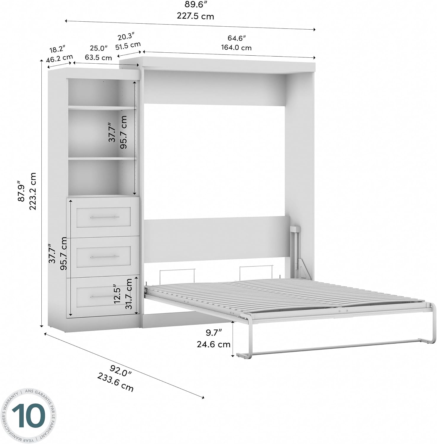 Bestar Pur Queen Murphy Bed and Shelving Unit with Drawers, 90-inch Space-Saving Wall Bed | Shelving Unit with Drawers, supports up to 1000 lb