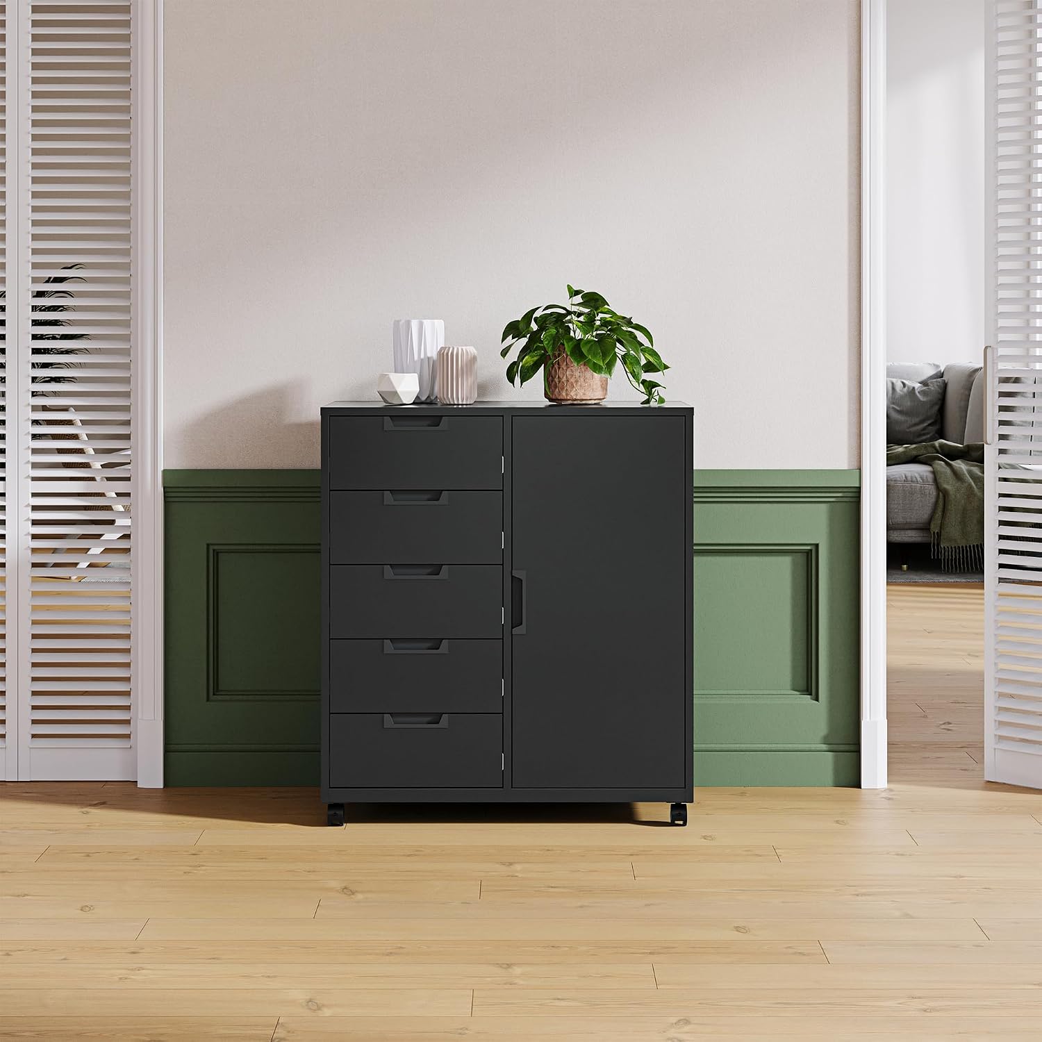 5 Drawer Storage Cabinet, Mobile Printer Stand for Home Office,Dresser Chest with Shelves and Door(White)
