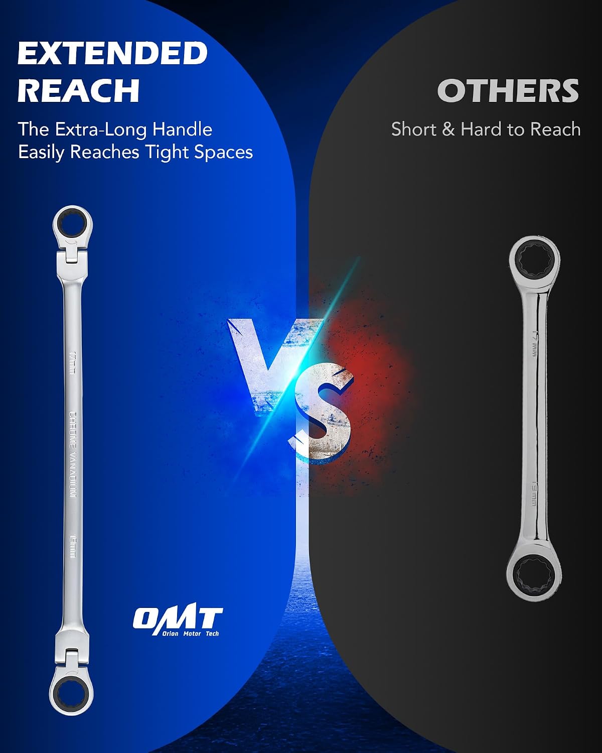 OMT 6Pc Metric Extra Long Flex-Head Ratcheting Wrench Set, 8-19mm Range | Durable 40CrV Steel Build, 72-Tooth Gearing, 180° Rotating Flex-Head