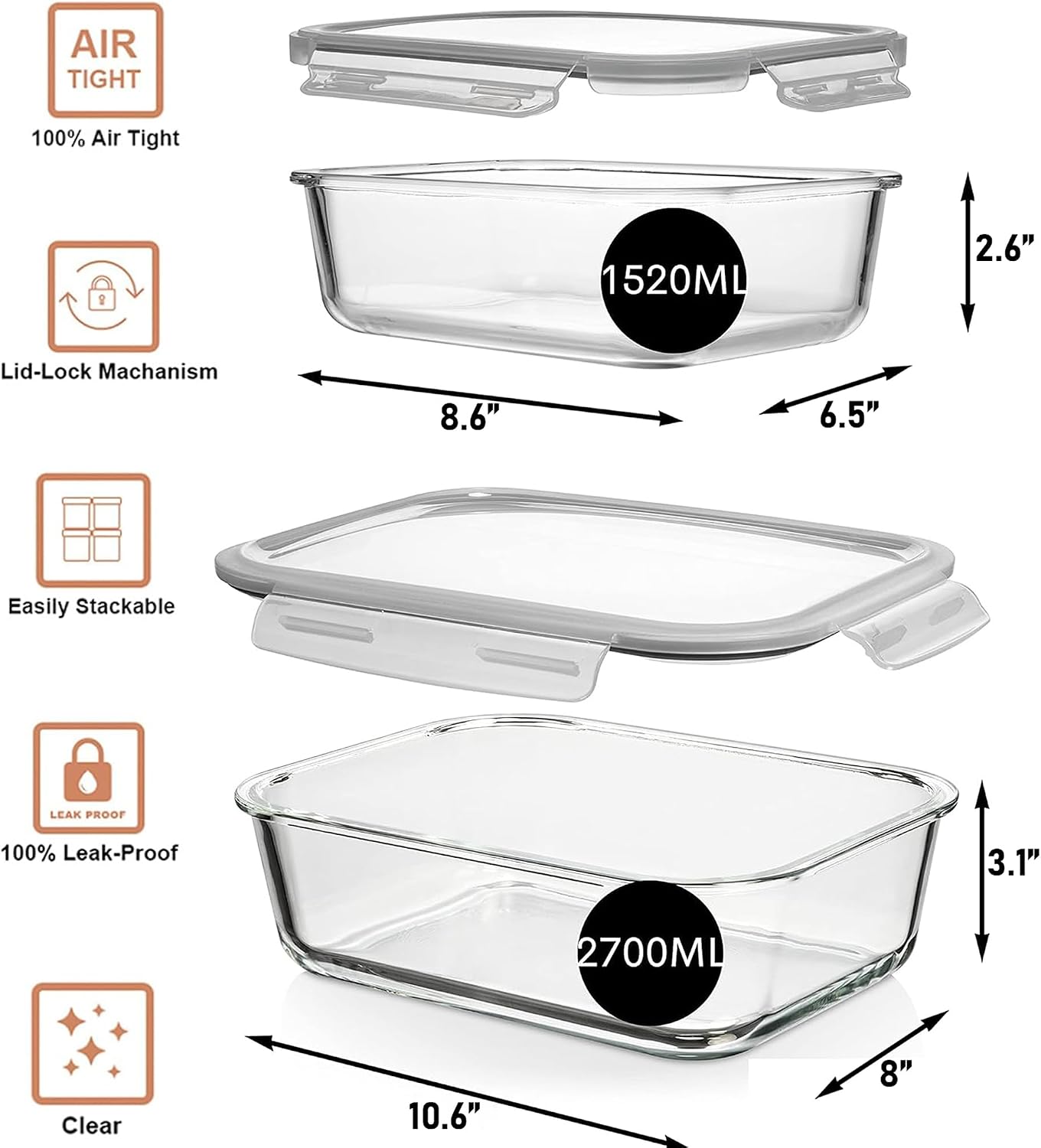 Razab 4 Pc (2700ML/ 91 Oz & 1520ML/ 51 Oz) Airtight Large Glass Food Storage Containers with Lids - BPA Free
