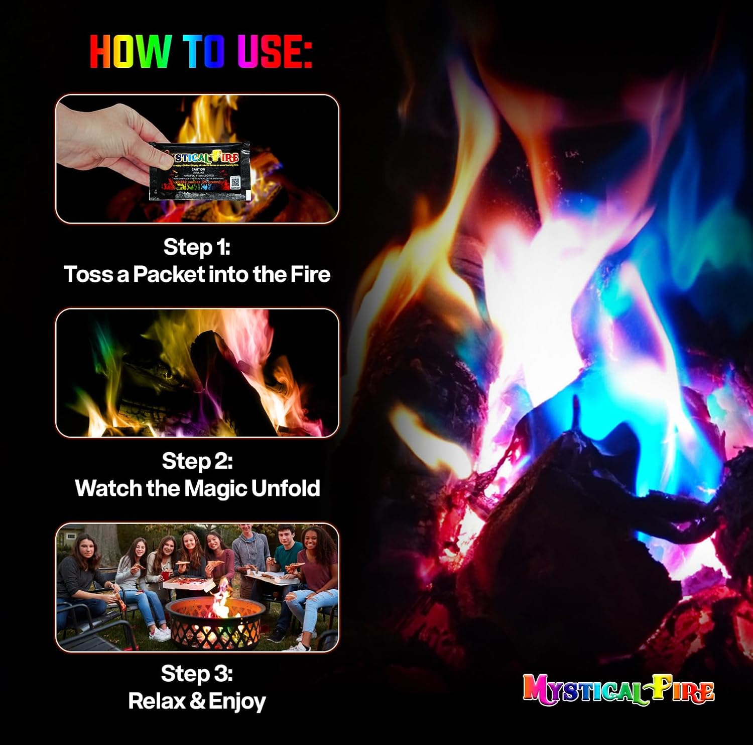 Mystical Fire Color Changing Packets – Colorful Fire Changer Packets 25pk | 25-pack color changing fire packets creates colorful flames in fire pits and camp fire. Easy to use, long-lasting effect
